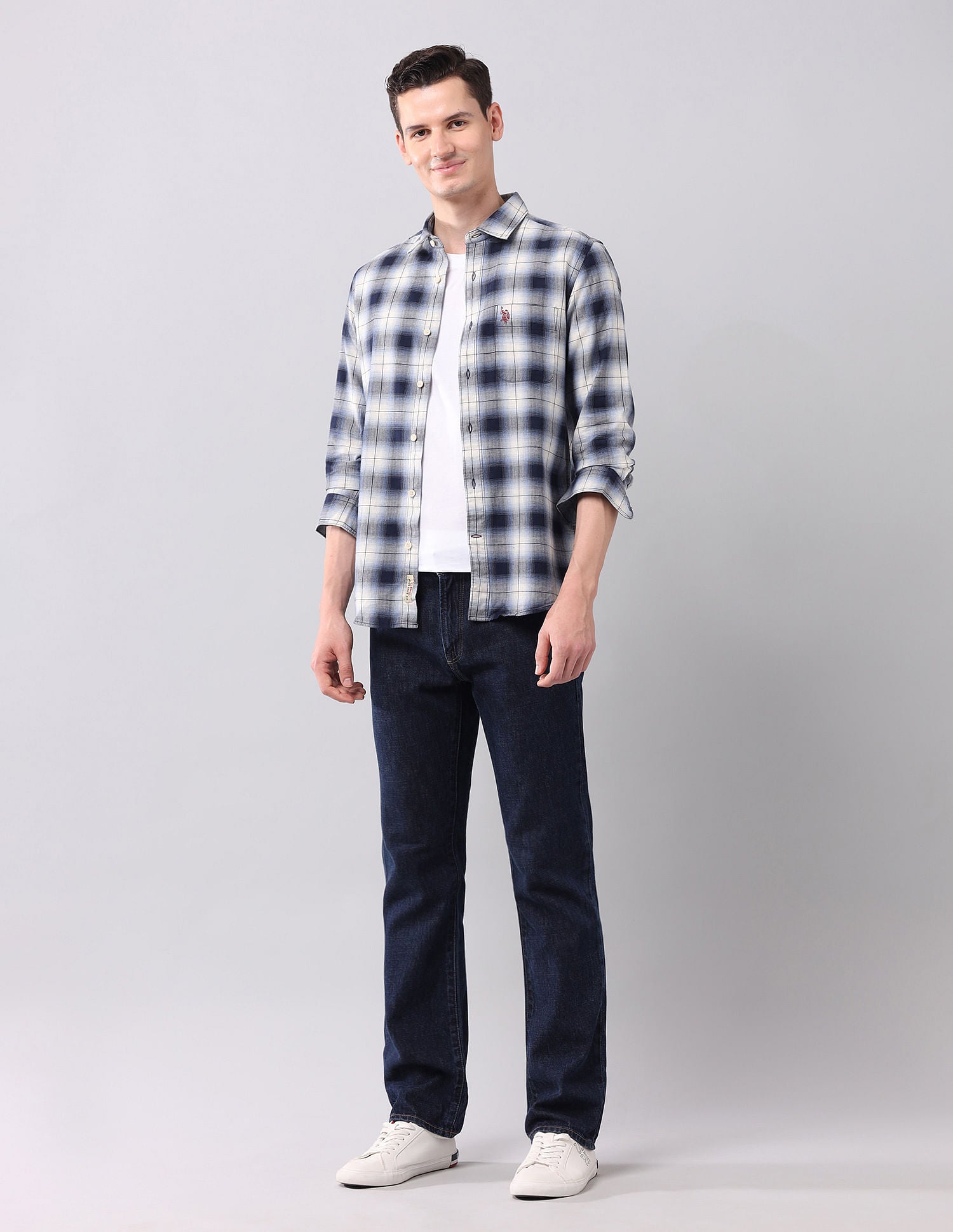 Tartan Checked Herringbone Shirt Blue - U.S. POLO ASSN. | Large