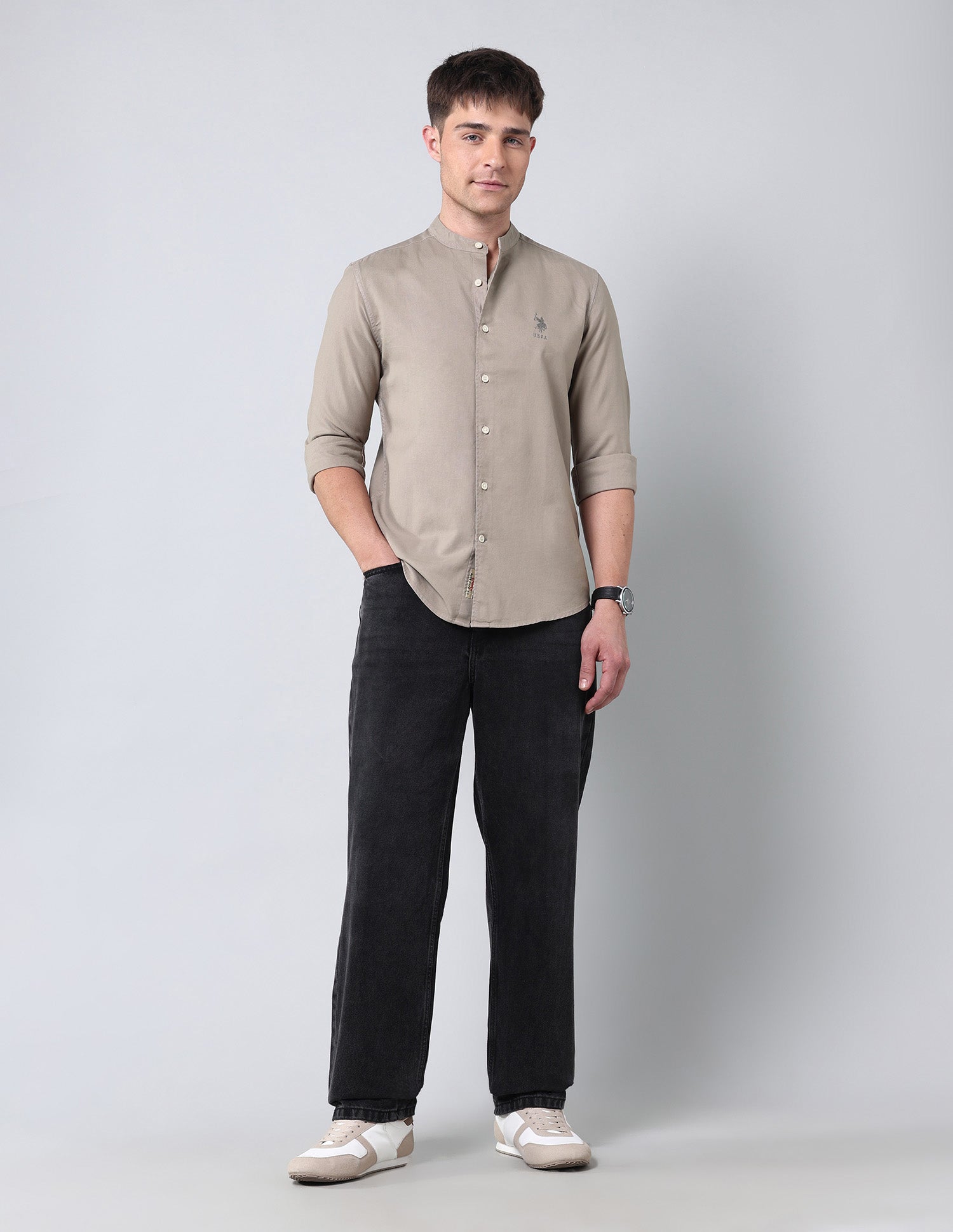 Solid Pure Cotton Twill Shirt Khaki - U.S. Polo Assn. India | Large