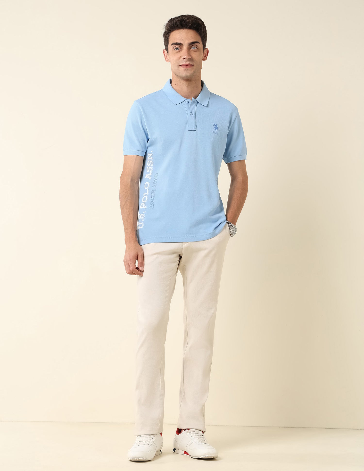 Brand Printed Pure Cotton Polo Shirt Light Blue - U.S. Polo Assn. India | Large