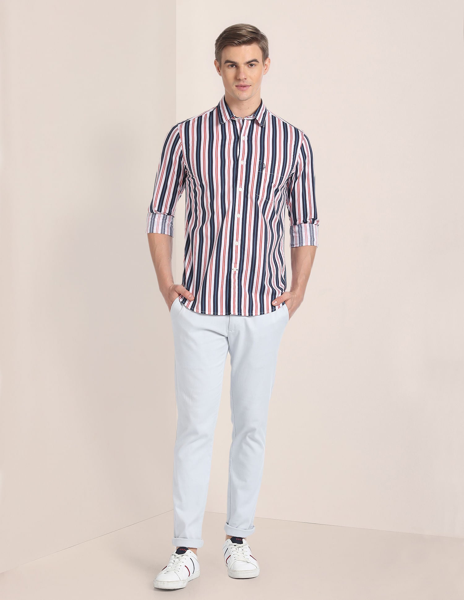 Cutaway Collar Vertical Stripe Shirt Coral - U.S. Polo Assn. India | Large