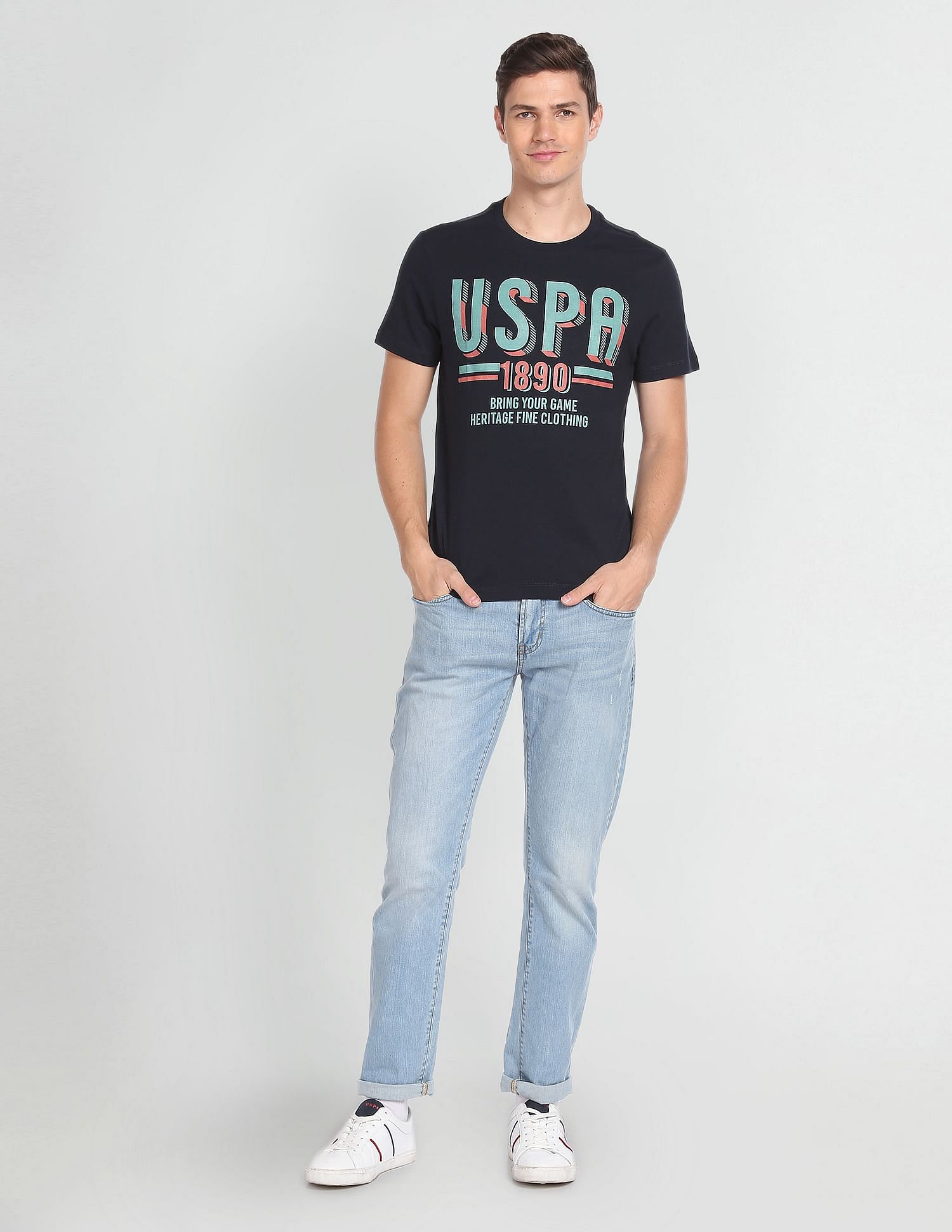 Men Navy Cotton Brand Print T-Shirt Navy - U.S. Polo Assn. India | Large
