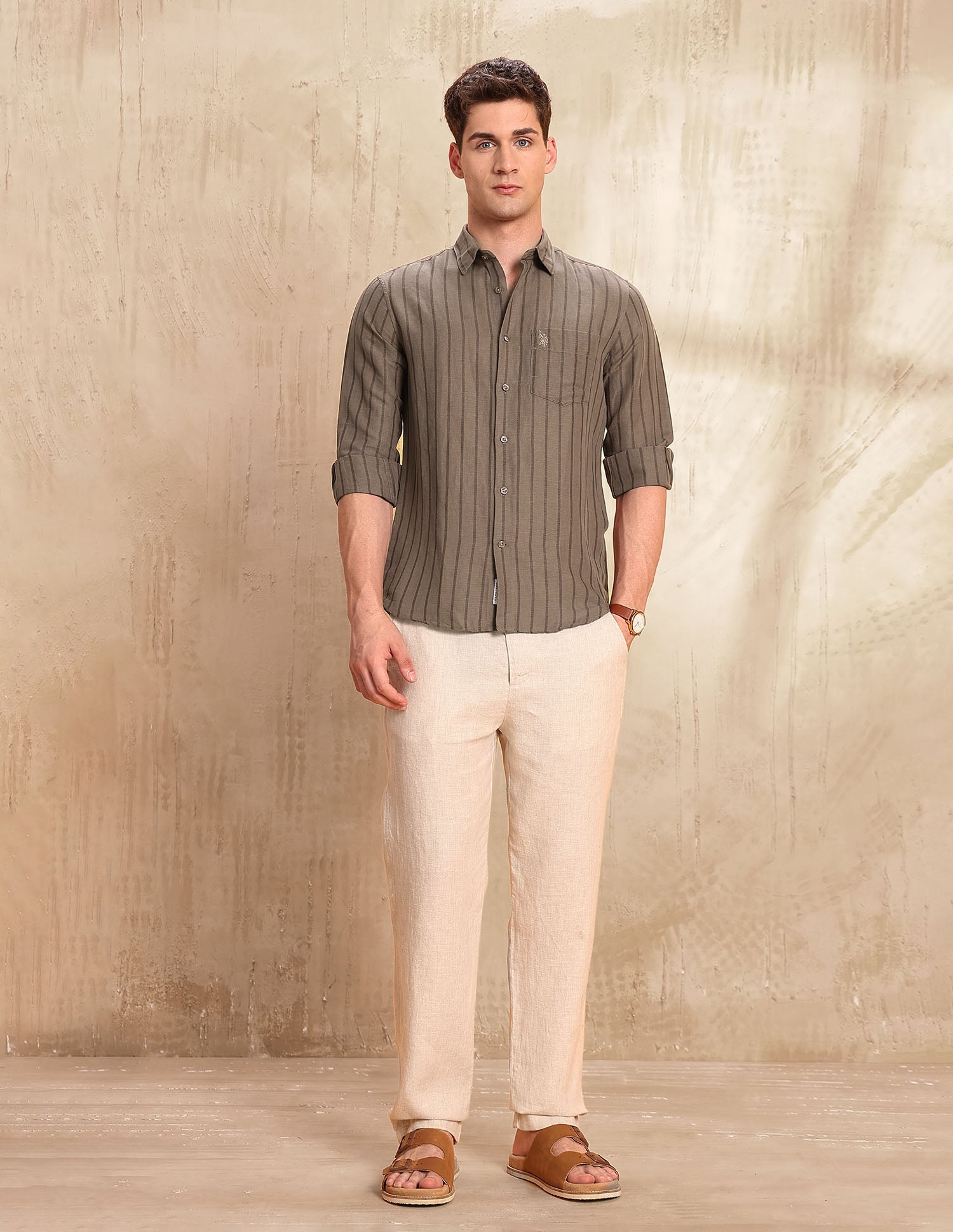 Vertical Striped Tailored Fit Shirt Brown - U.S. POLO ASSN. | Large