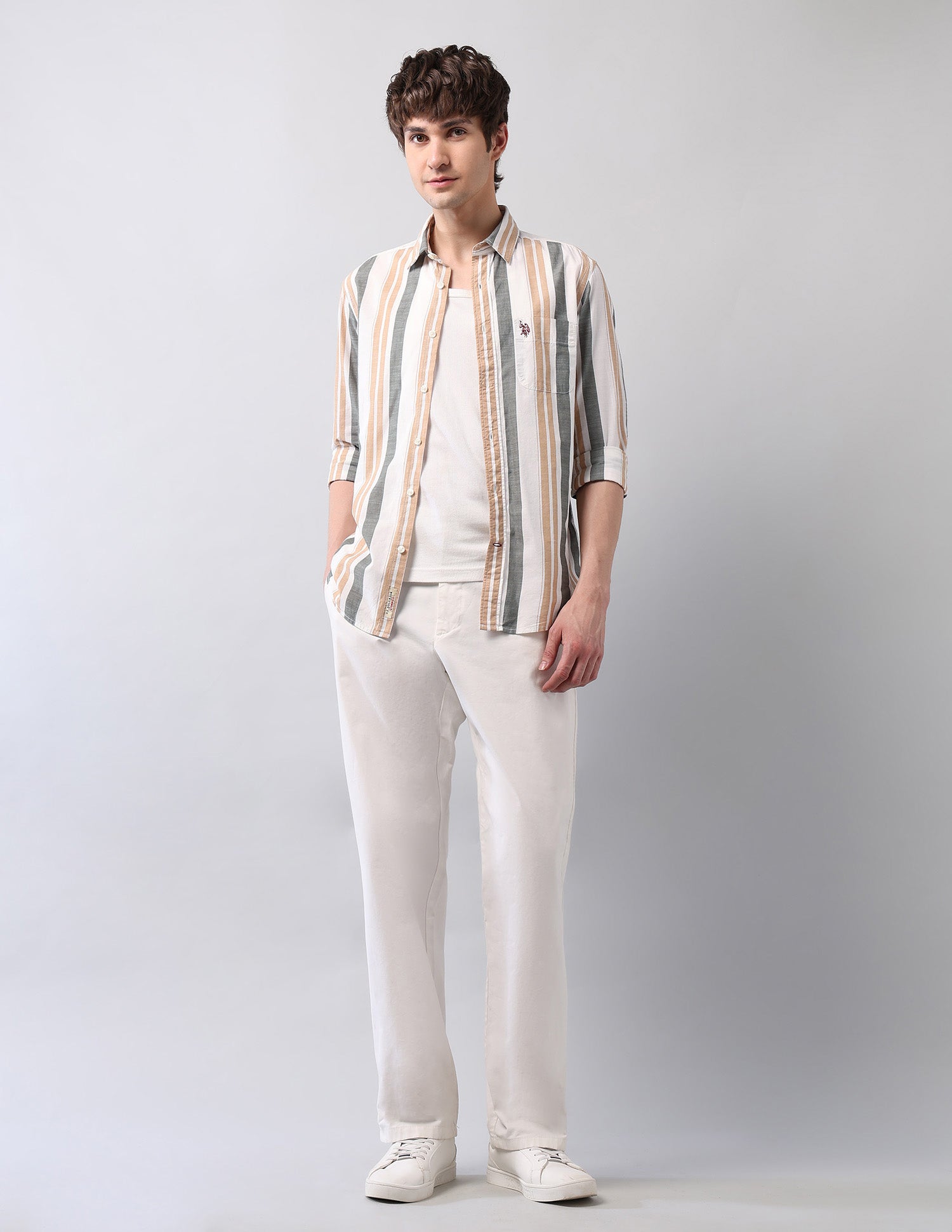 Vertical Striped Pure Cotton Shirt Ivory - U.S. Polo Assn. India | Large