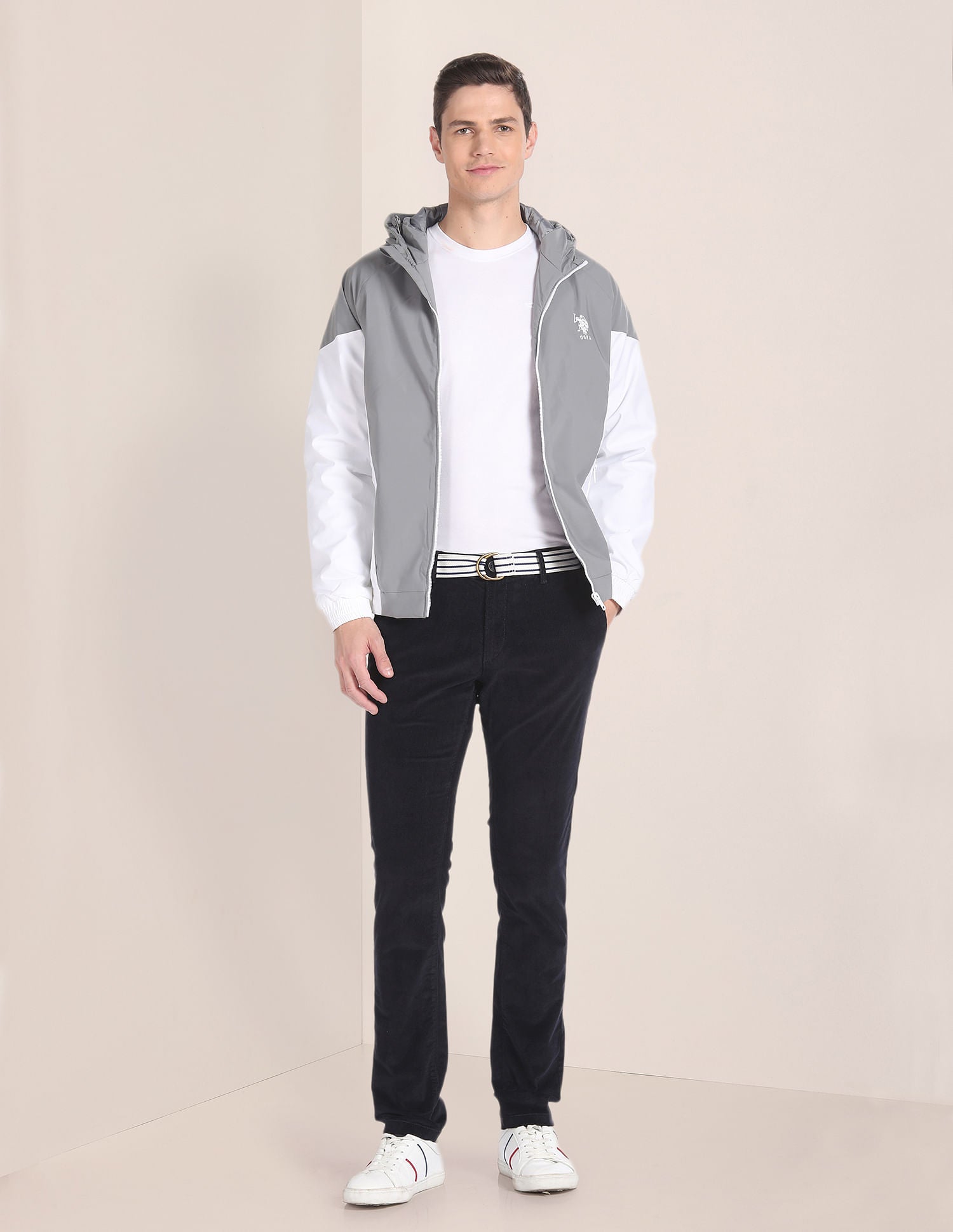 Colour Block Logo Hooded Jacket Grey and White - U.S. POLO ASSN. | Large