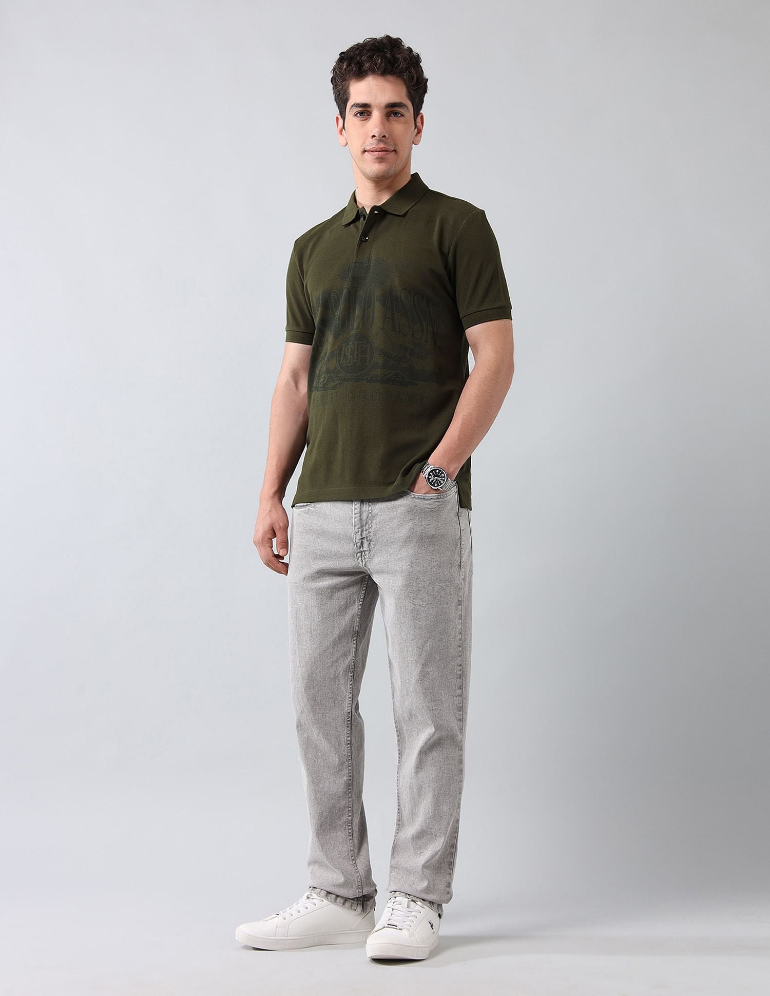 Muscle Fit Brand Printed Polo Shirt Olive - U.S. Polo Assn. India | Large
