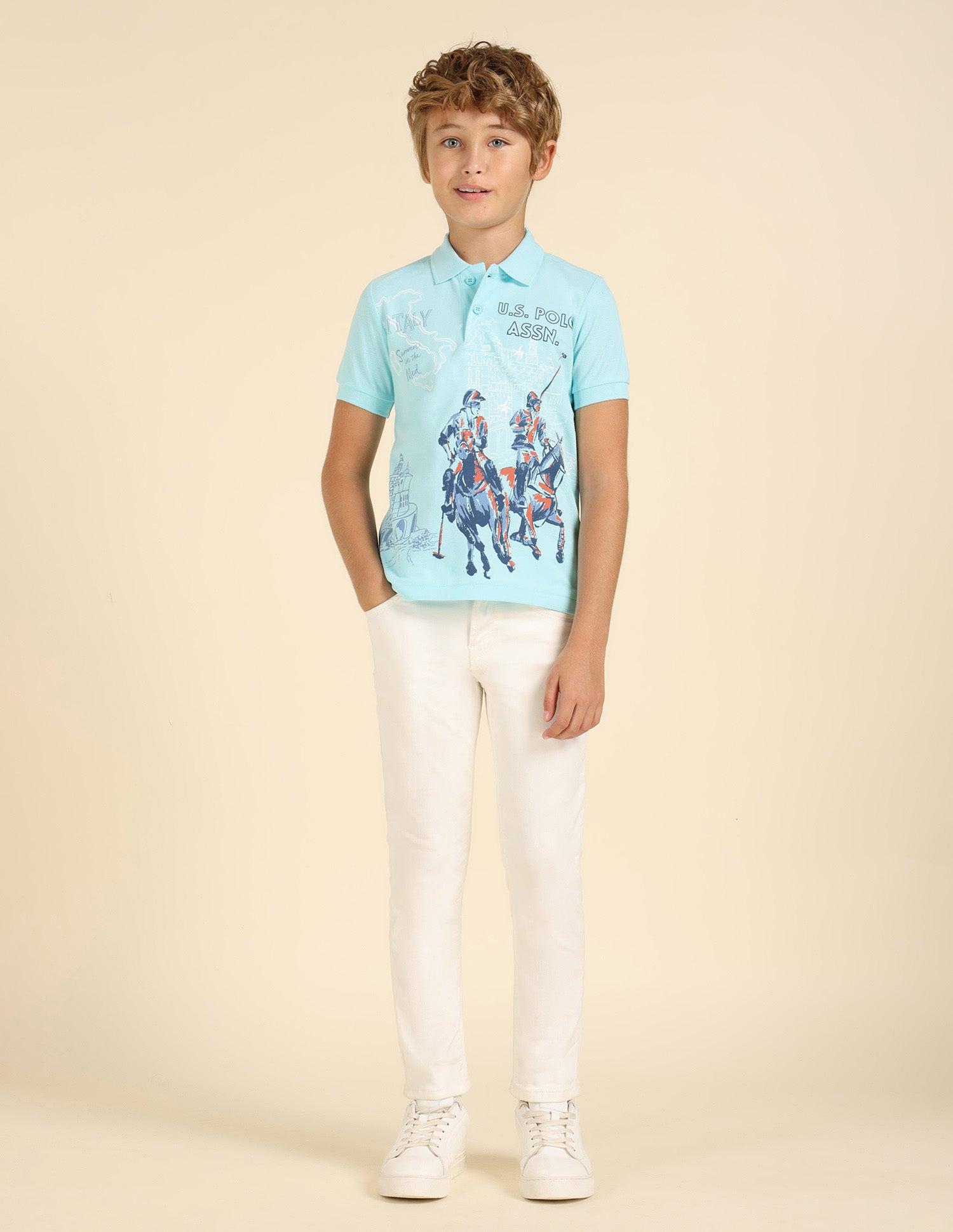 Boys Graphic Printed Pure Cotton Polo Shirt Light Blue - U.S. POLO ASSN. | Large