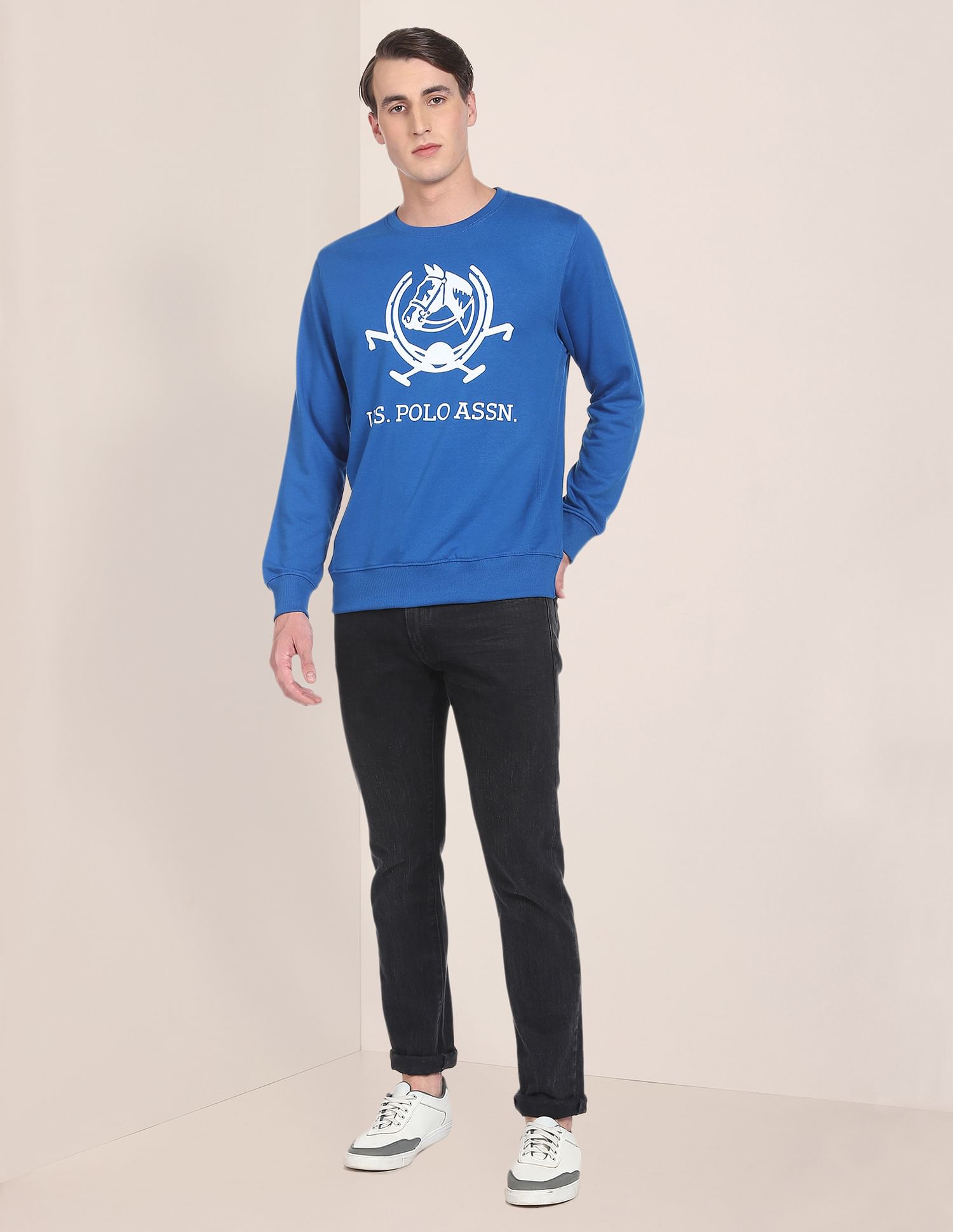 Men Blue Crew Neck Brand Print Sweatshirt Blue - U.S. POLO ASSN. | Large