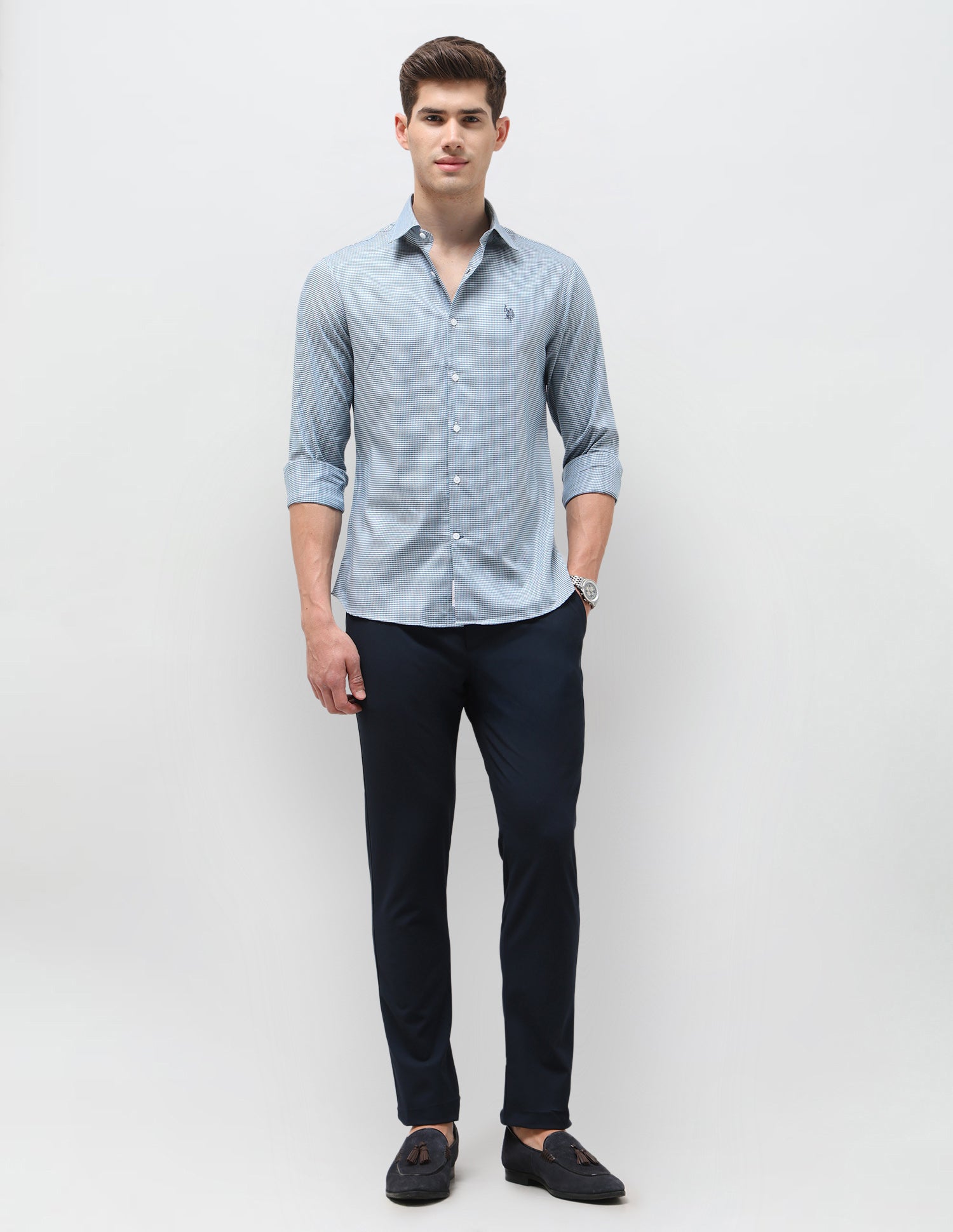 Twill Self Design Geometric Shirt Blue - U.S. Polo Assn. India | Large