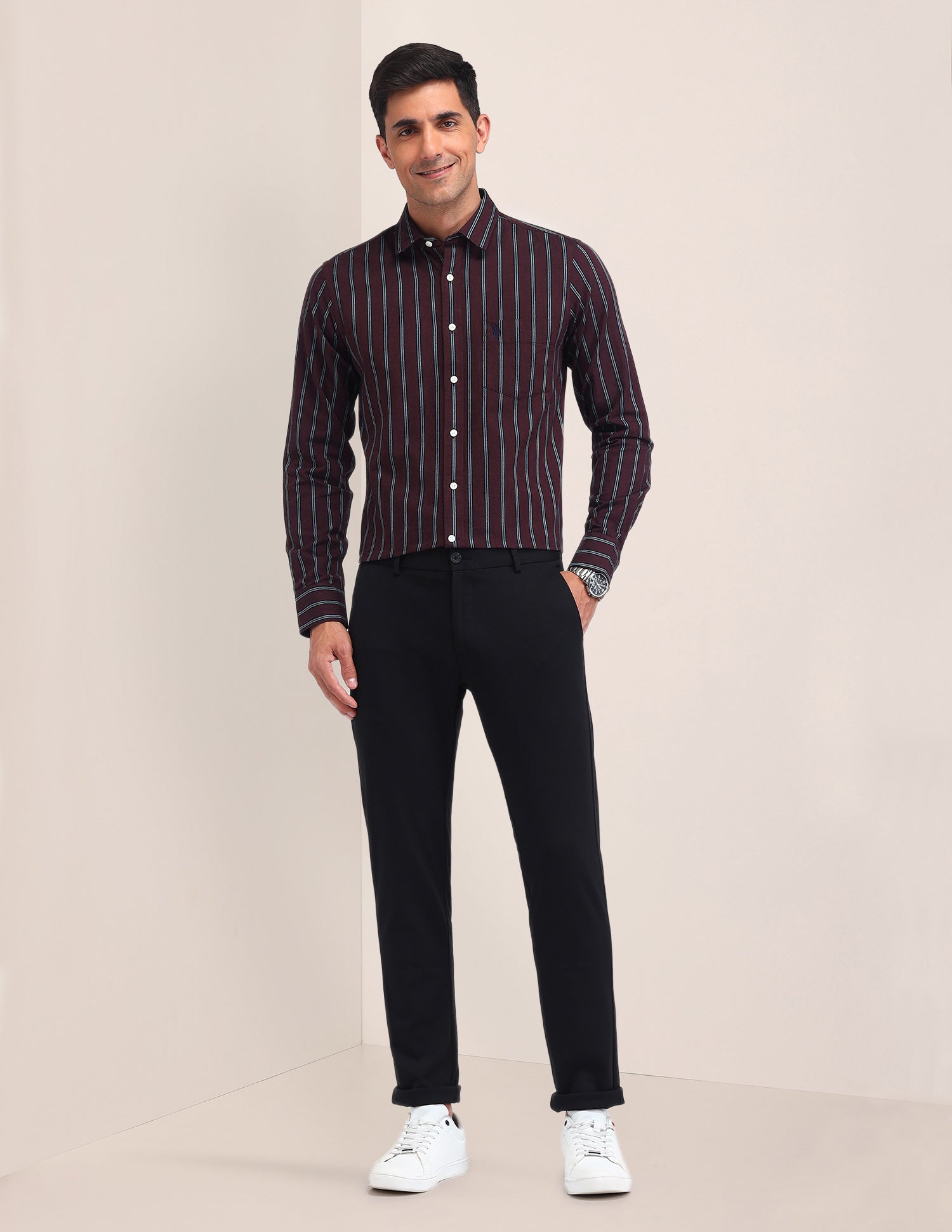 Vertical Striped Tailored Fit Shirt Wine - U.S. Polo Assn. India | Large