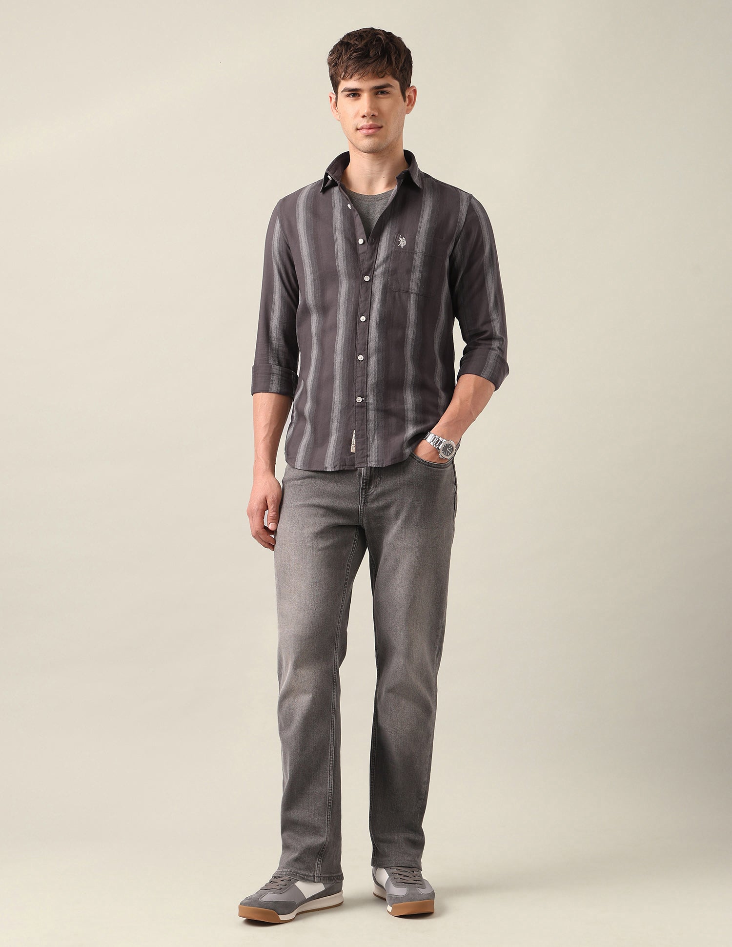 Vertical Striped Twill Shirt Brown - U.S. Polo Assn. India | Large