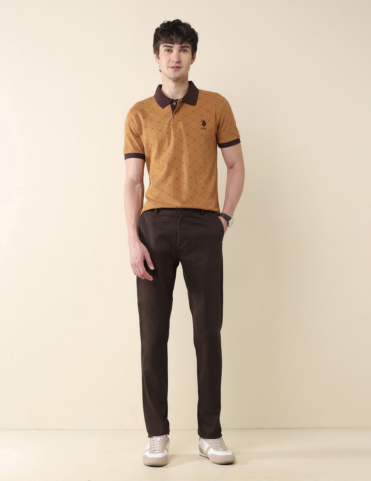 All Over Printed Slim Fit Polo Shirt Brown - U.S. Polo Assn. India | Large