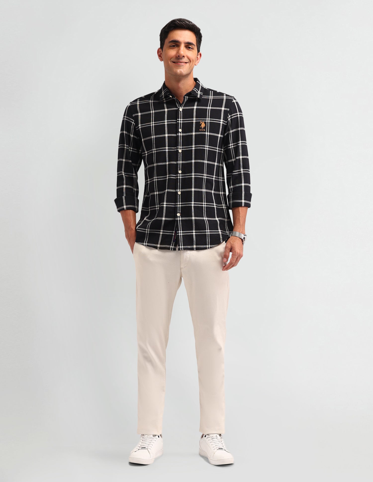 Windowpane Check Printed Slim Fit Shirt Black - U.S. Polo Assn. India | Large