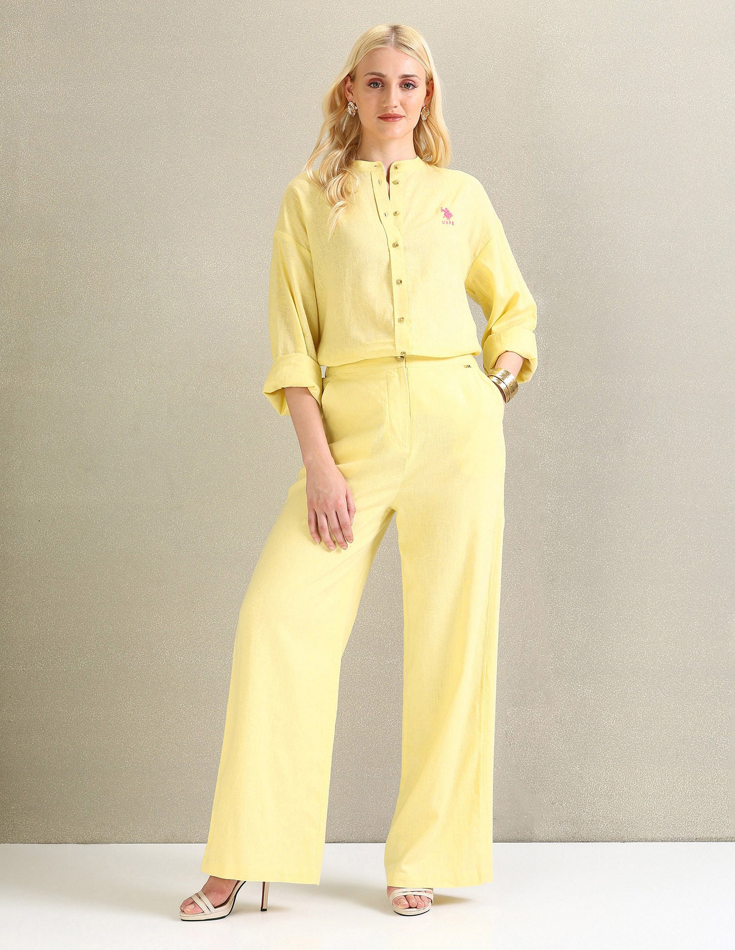Linen Wide Leg Trousers Yellow - U.S. Polo Assn. India | Large