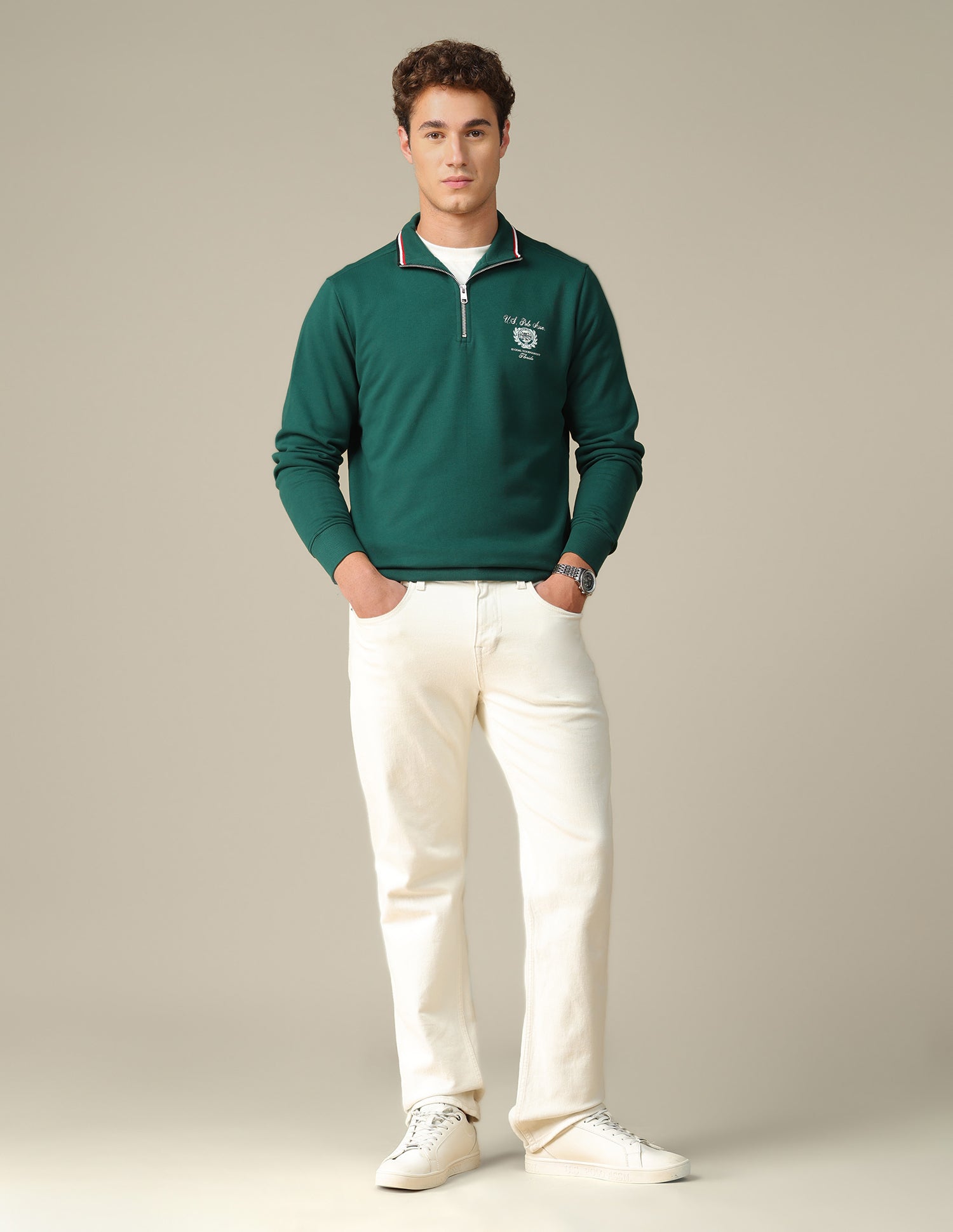 Solid Zipper Sweatshirt Dark Green - U.S. Polo Assn. India | Large