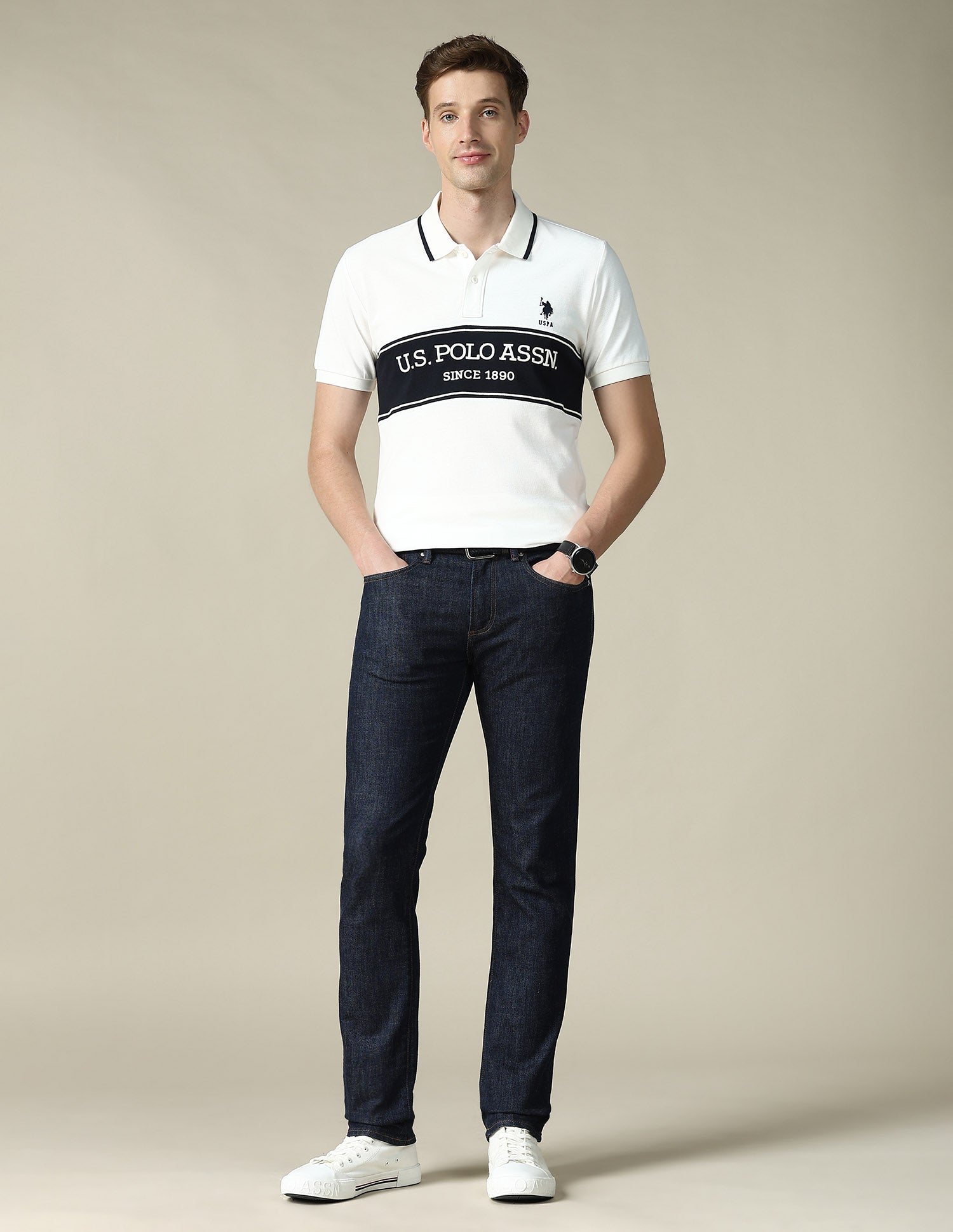 Cut & Sew Brand Embroidered Regular Fit Polo Shirt Ivory - U.S. POLO ASSN. | Large