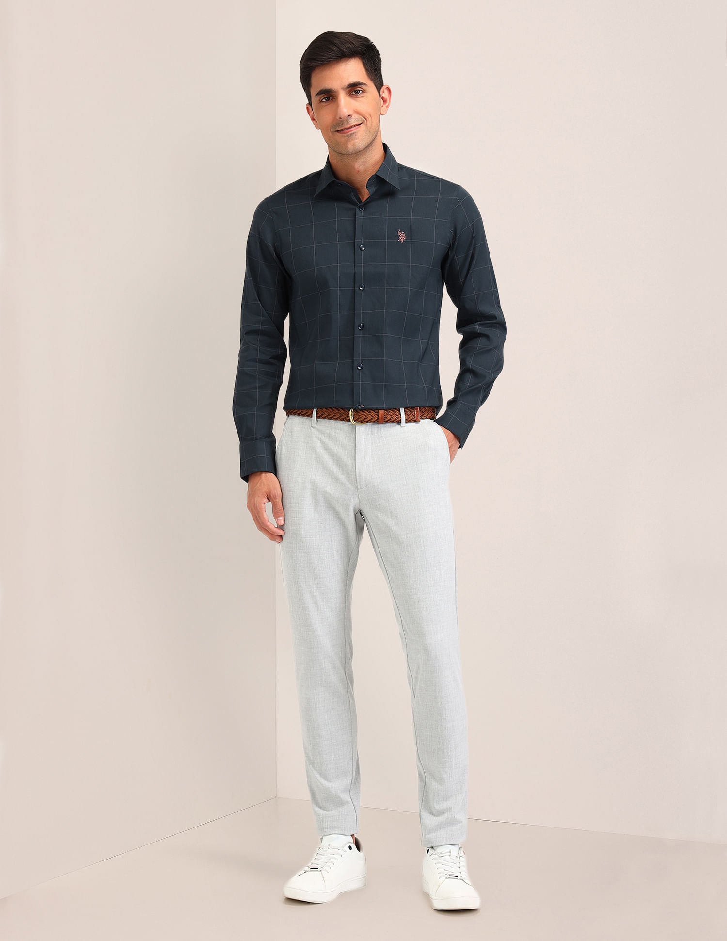 Gingham Checked Tailored Fit Shirt Navy - U.S. Polo Assn. India | Large