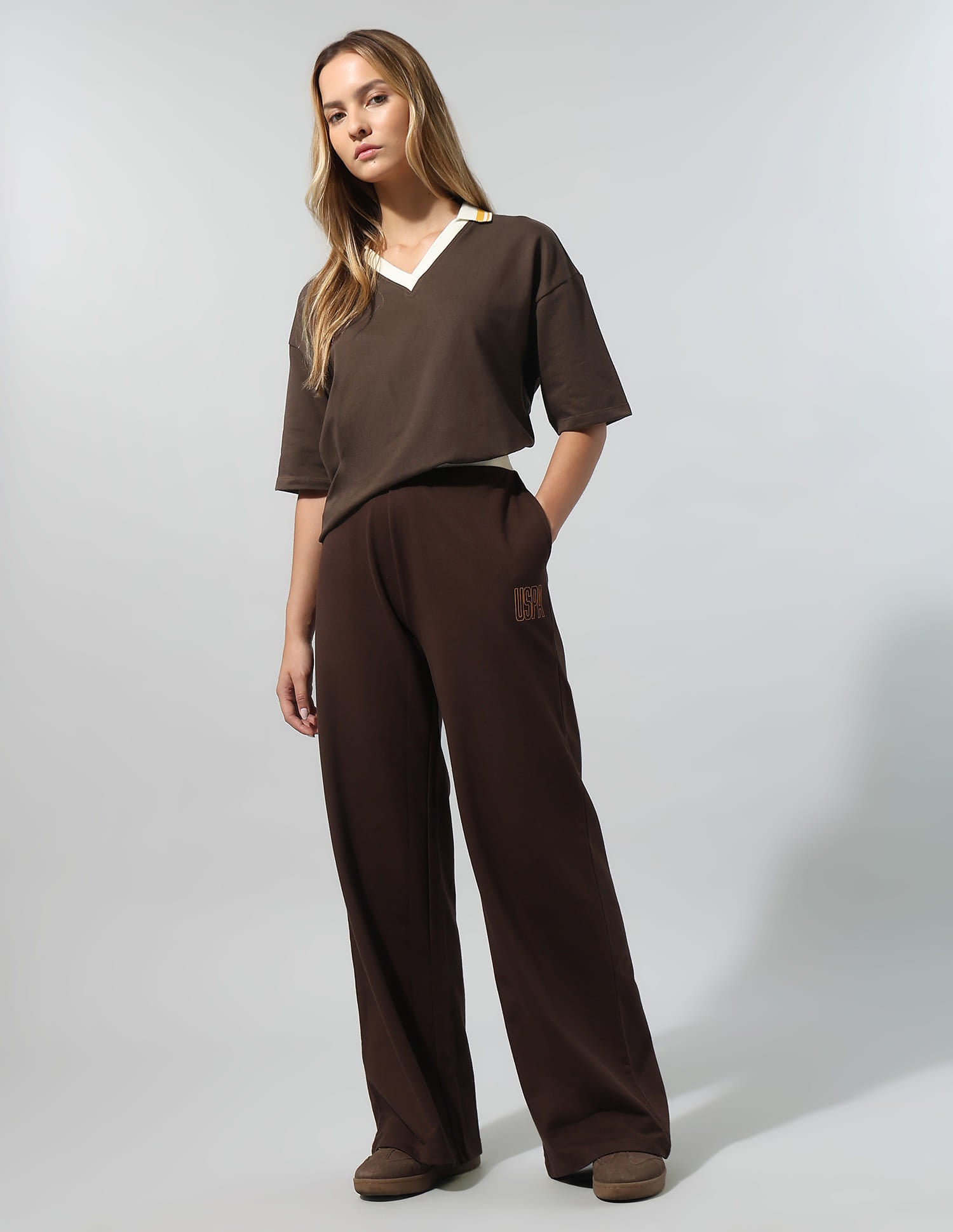 Polo Collar T-Shirt With Wide Leg Pants Brown - U.S. Polo Assn. India | Large