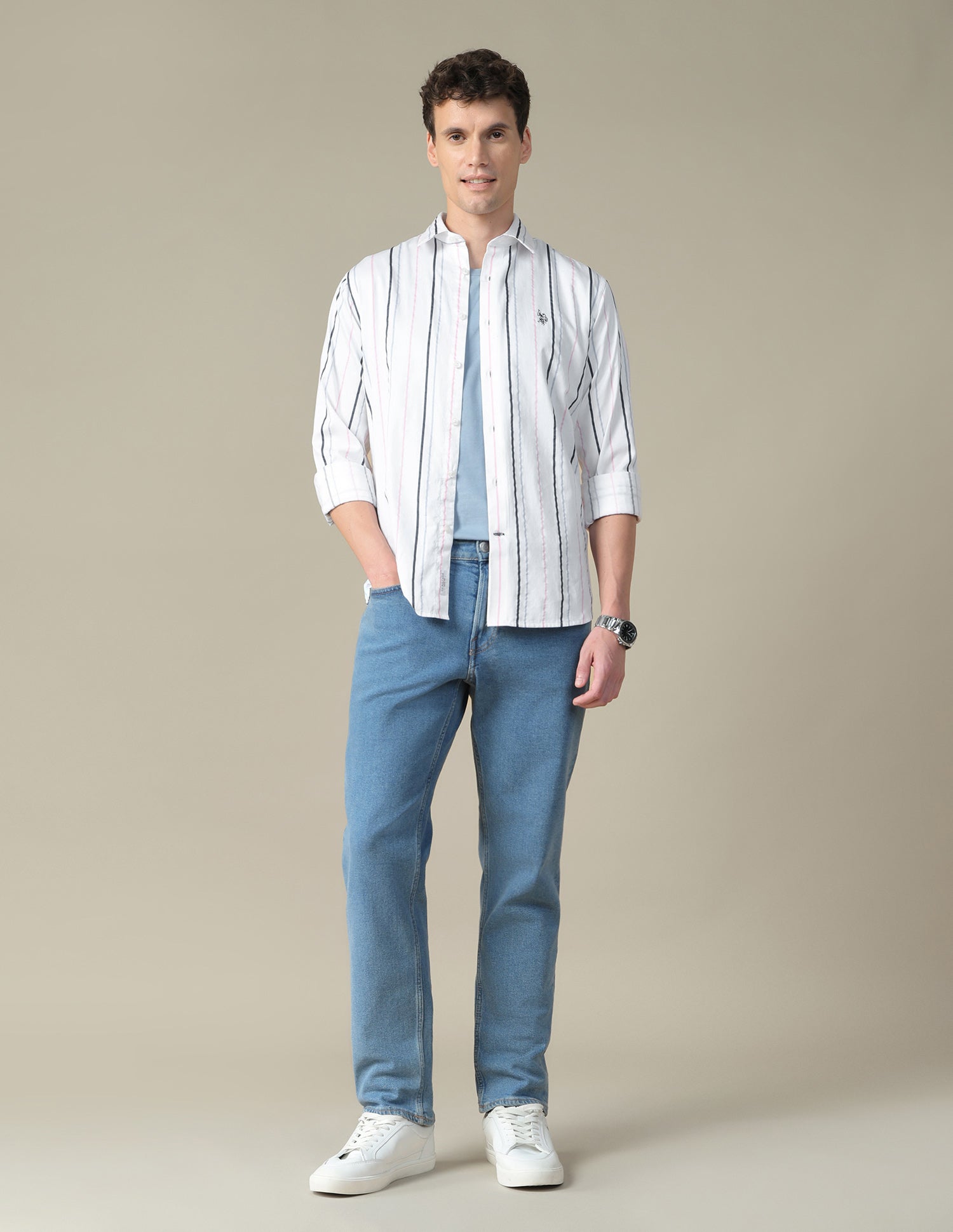 Vertical Striped Satin Shirt Light Blue - U.S. Polo Assn. India | Large