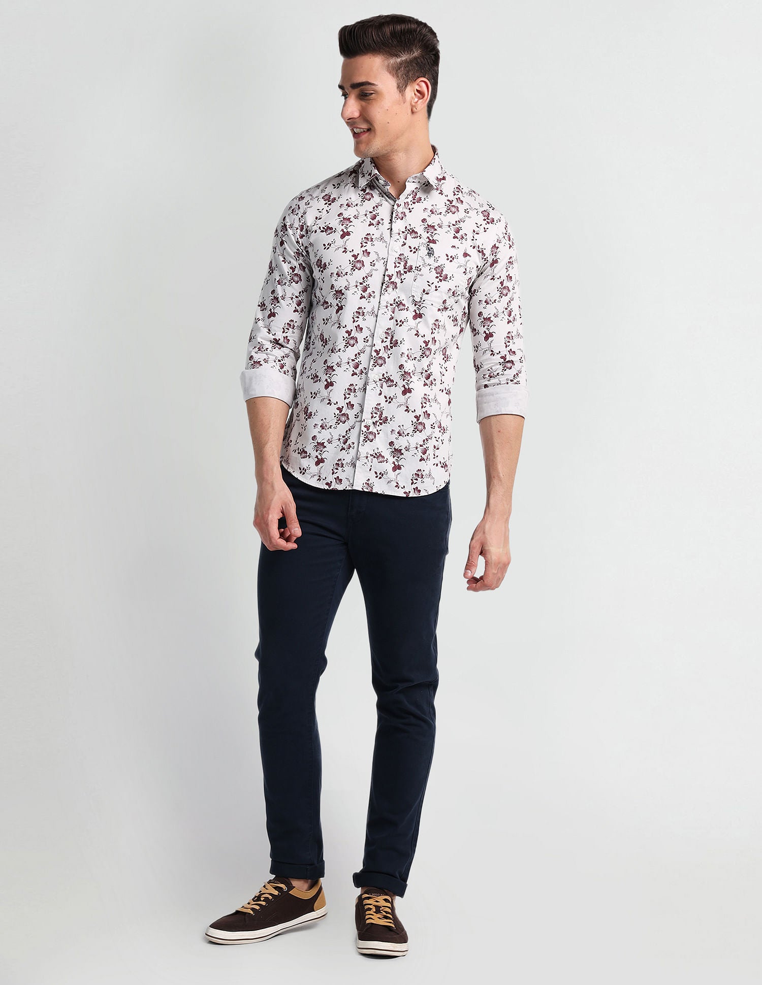 Floral Print Twill Shirt White and Maroon - U.S. Polo Assn. India | Large