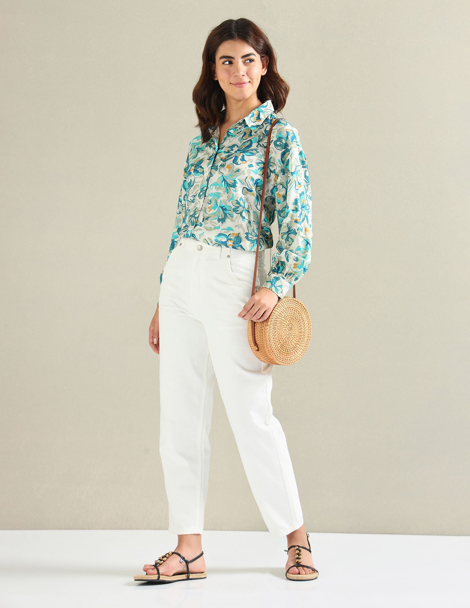 Floral Print Spread Collar Shirt Blue - U.S. POLO ASSN. | Large