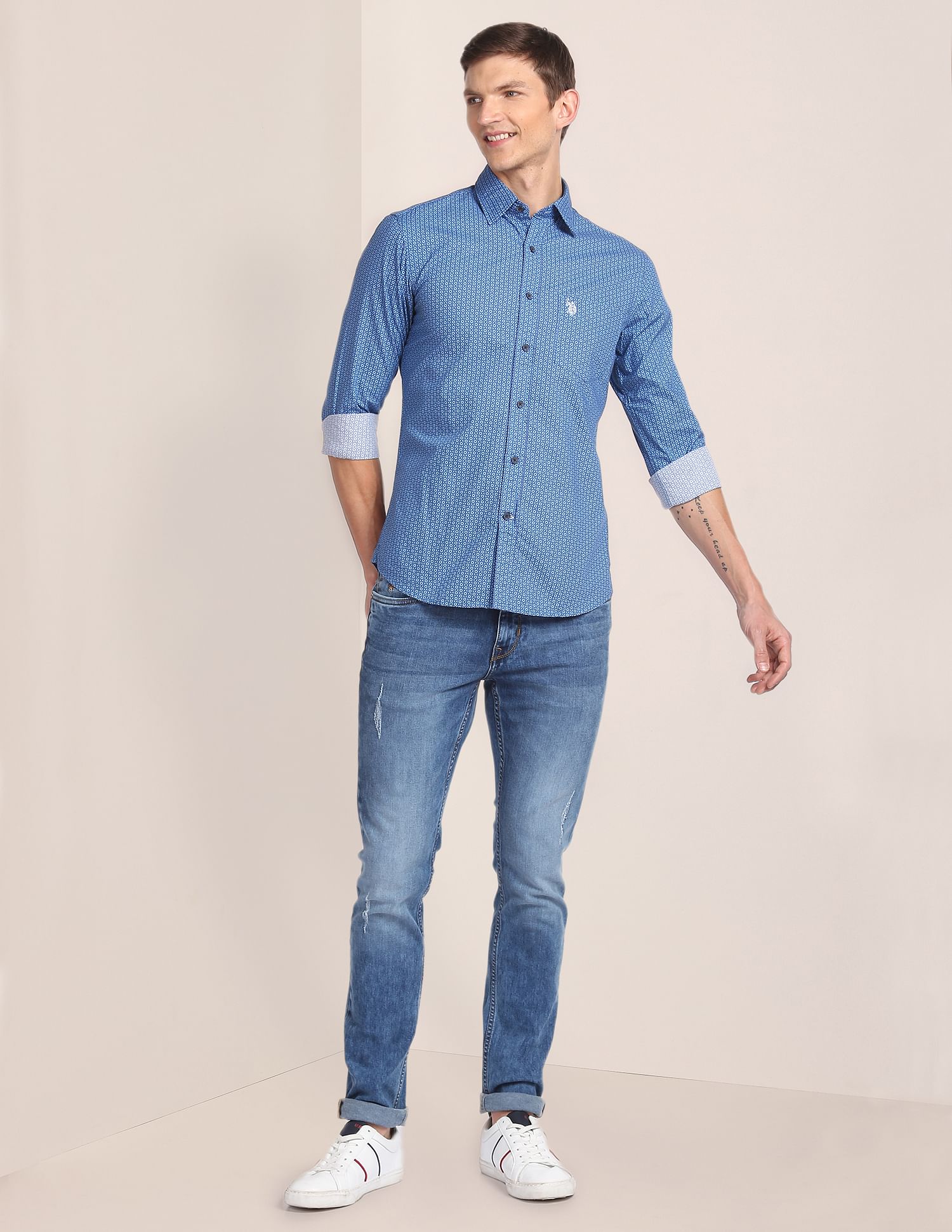 Spread Collar Printed Casual Shirt Blue - U.S. Polo Assn. India | Large