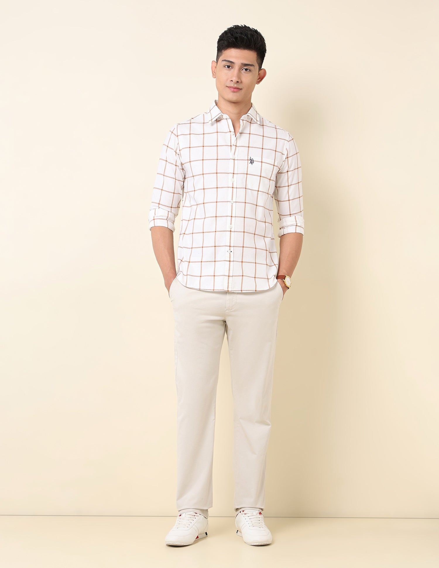 Pure Cotton Windowpane Checked Shirt Orange - U.S. Polo Assn. India | Large