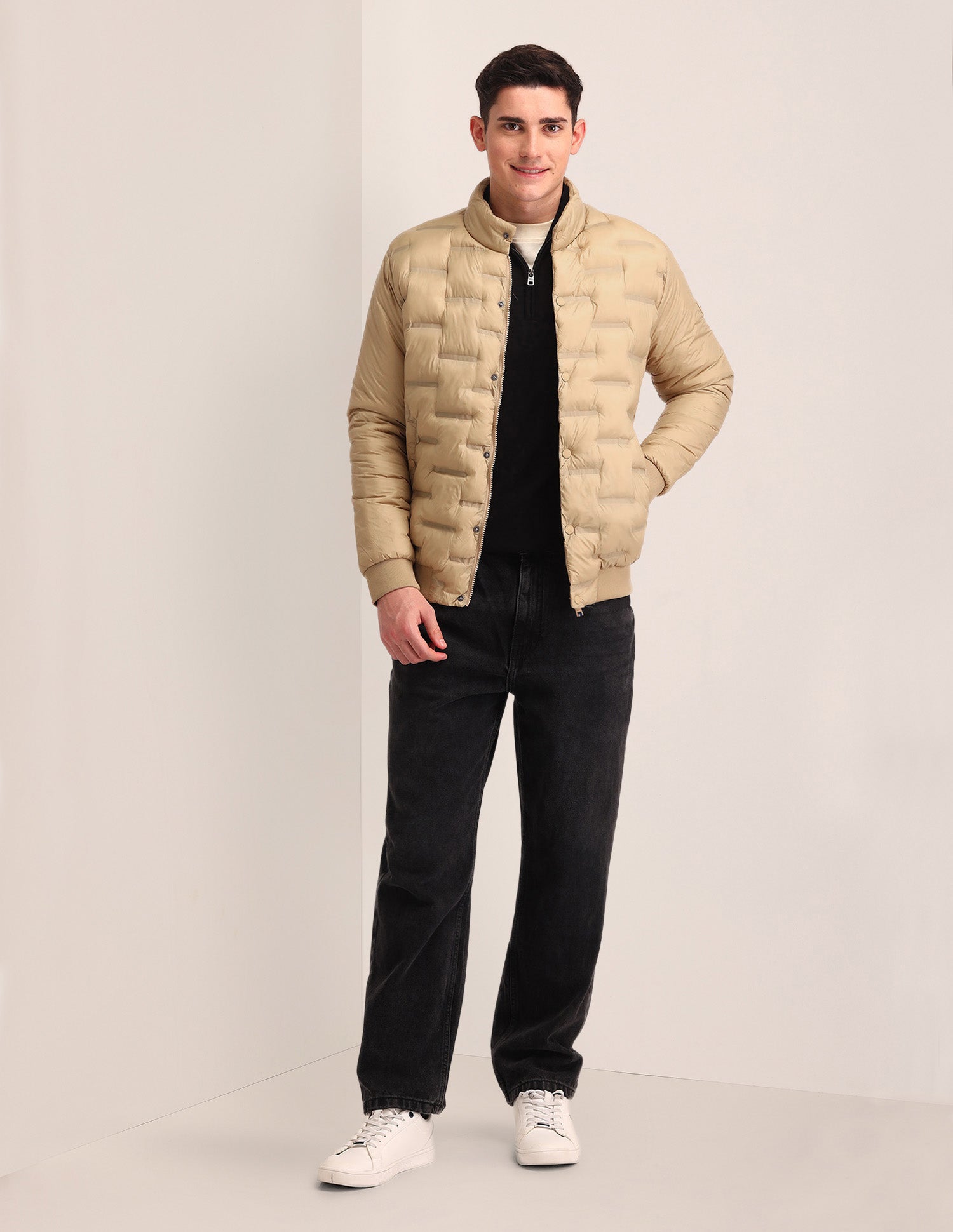 Solid High Neck Puffer Jacket Khaki - U.S. Polo Assn. India | Large