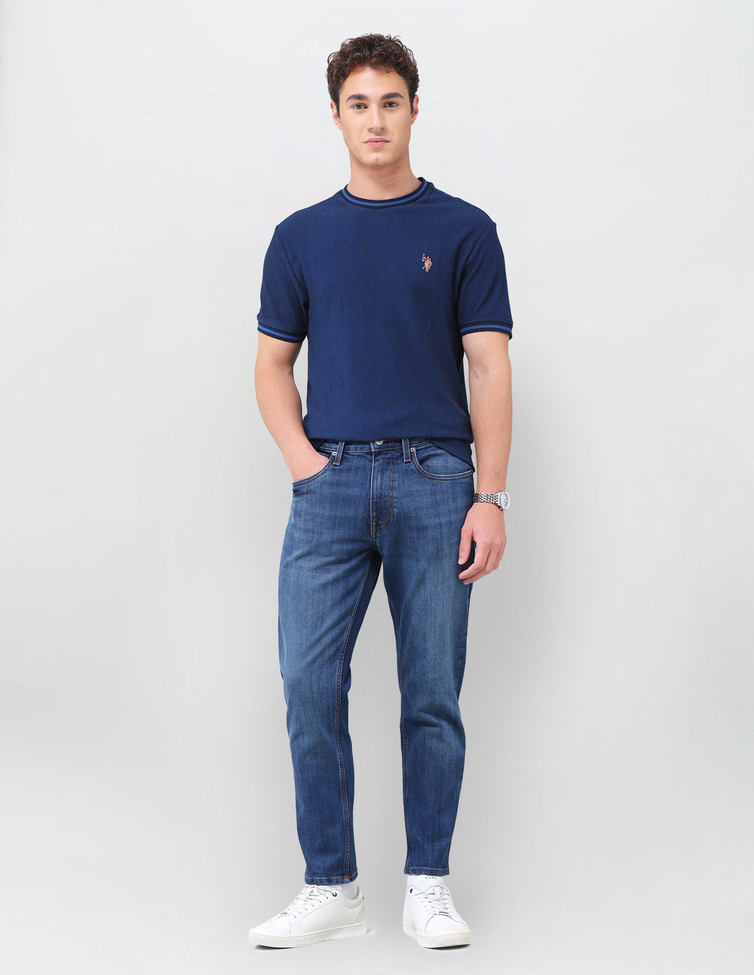Cole Comfort Cropped Fit Blue Jeans Mid Blue - U.S. Polo Assn. India | Large