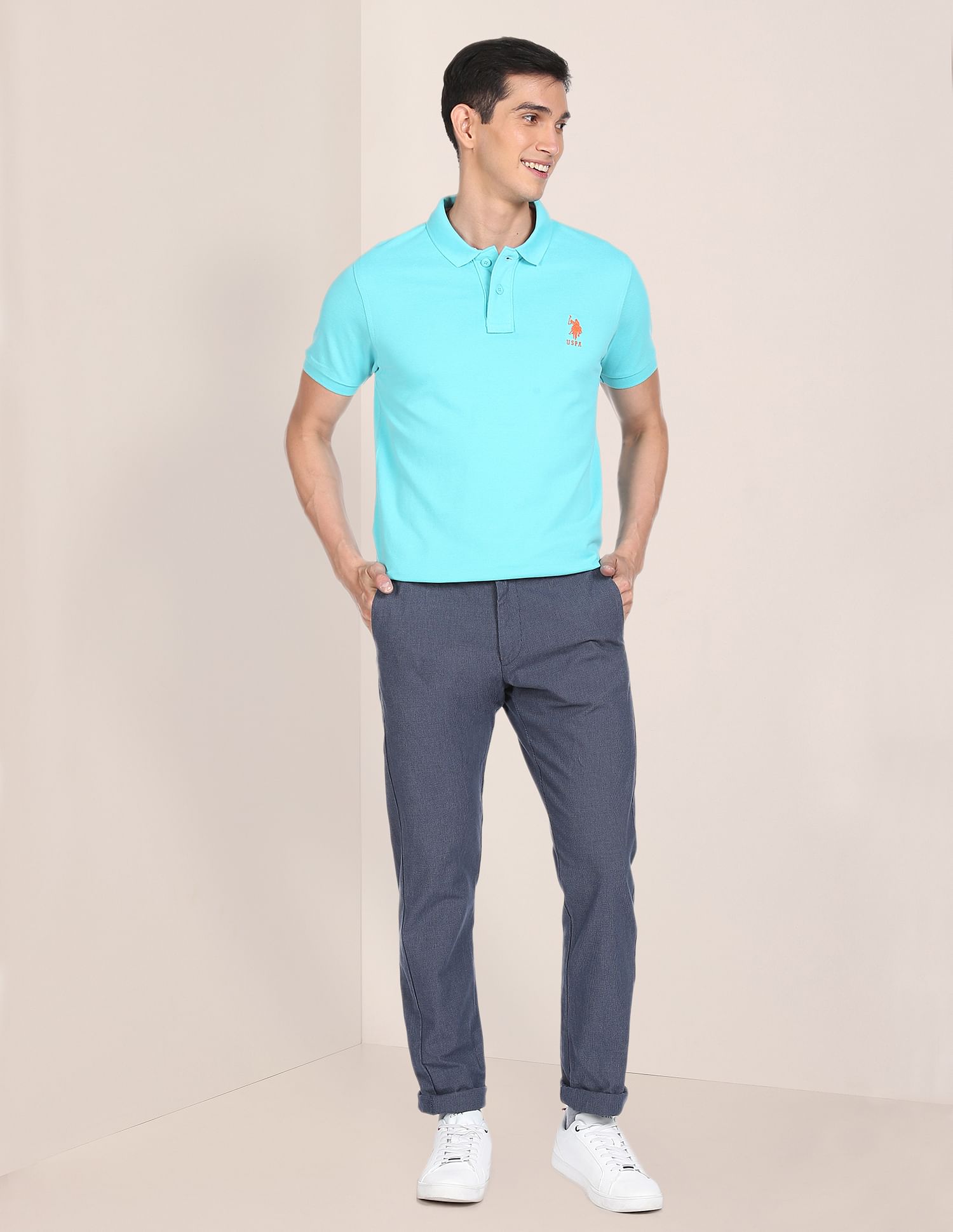 Ribbed Collar Solid Polo Shirt Aqua - U.S. POLO ASSN. | Large