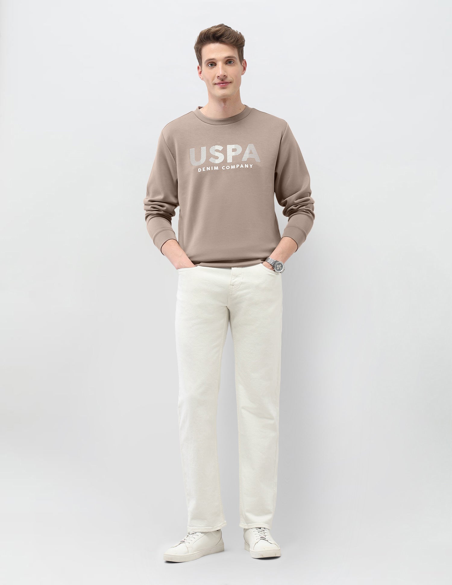 Brand Embossed Regular Fit Sweatshirt Light Khaki - U.S. Polo Assn. India | Large