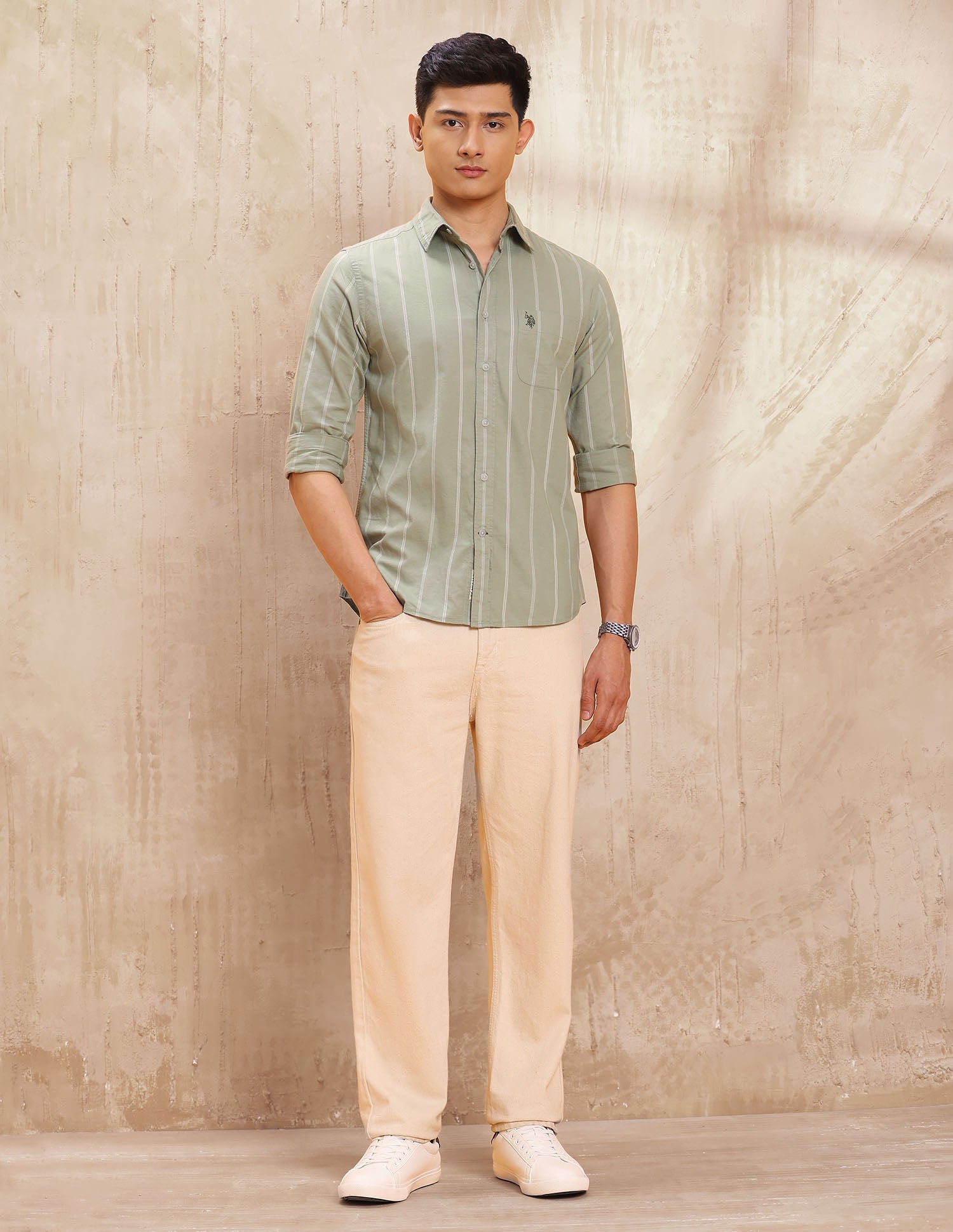 Vertical Striped Pure Cotton Shirt Light Green - U.S. POLO ASSN. | Large