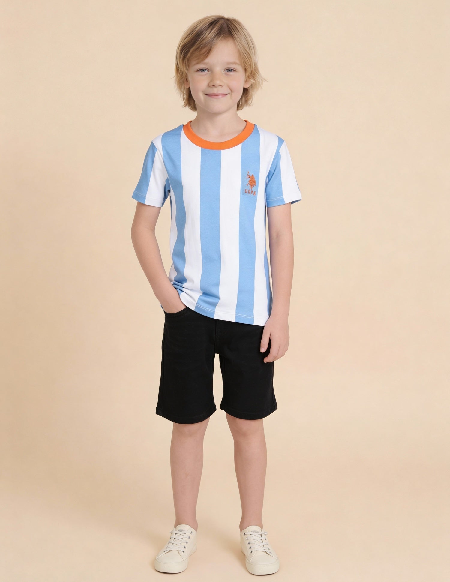 Boys Vertical Striped Regular Fit T-Shirt Blue - U.S. Polo Assn. India | Large
