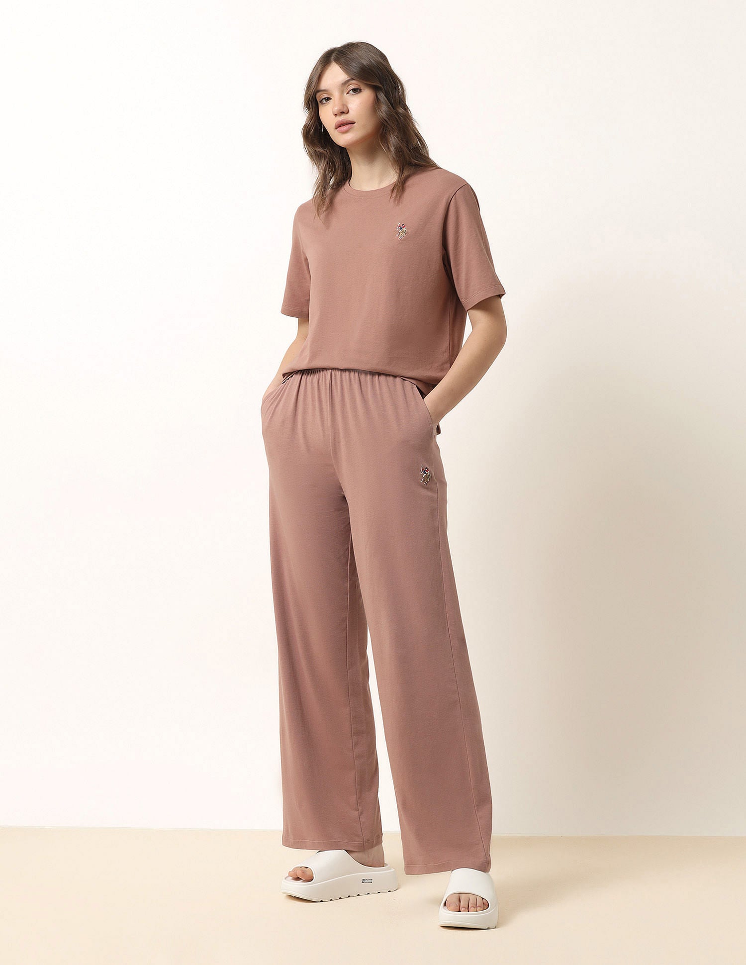 High-Rise Wide Leg Lounge Pants Beige - U.S. POLO ASSN. | Large