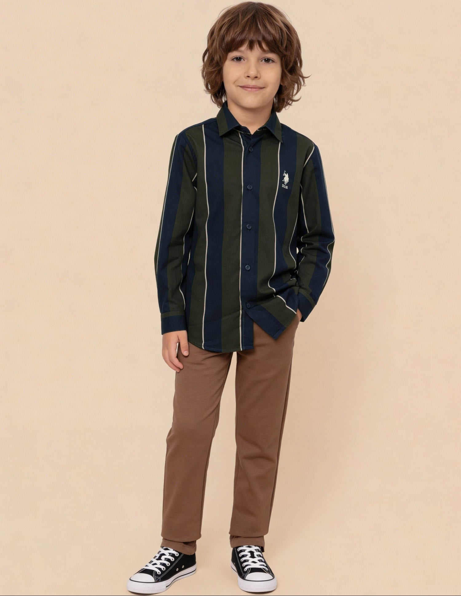 Vertical Striped Regular Fit Shirt Olive - U.S. Polo Assn. India | Large