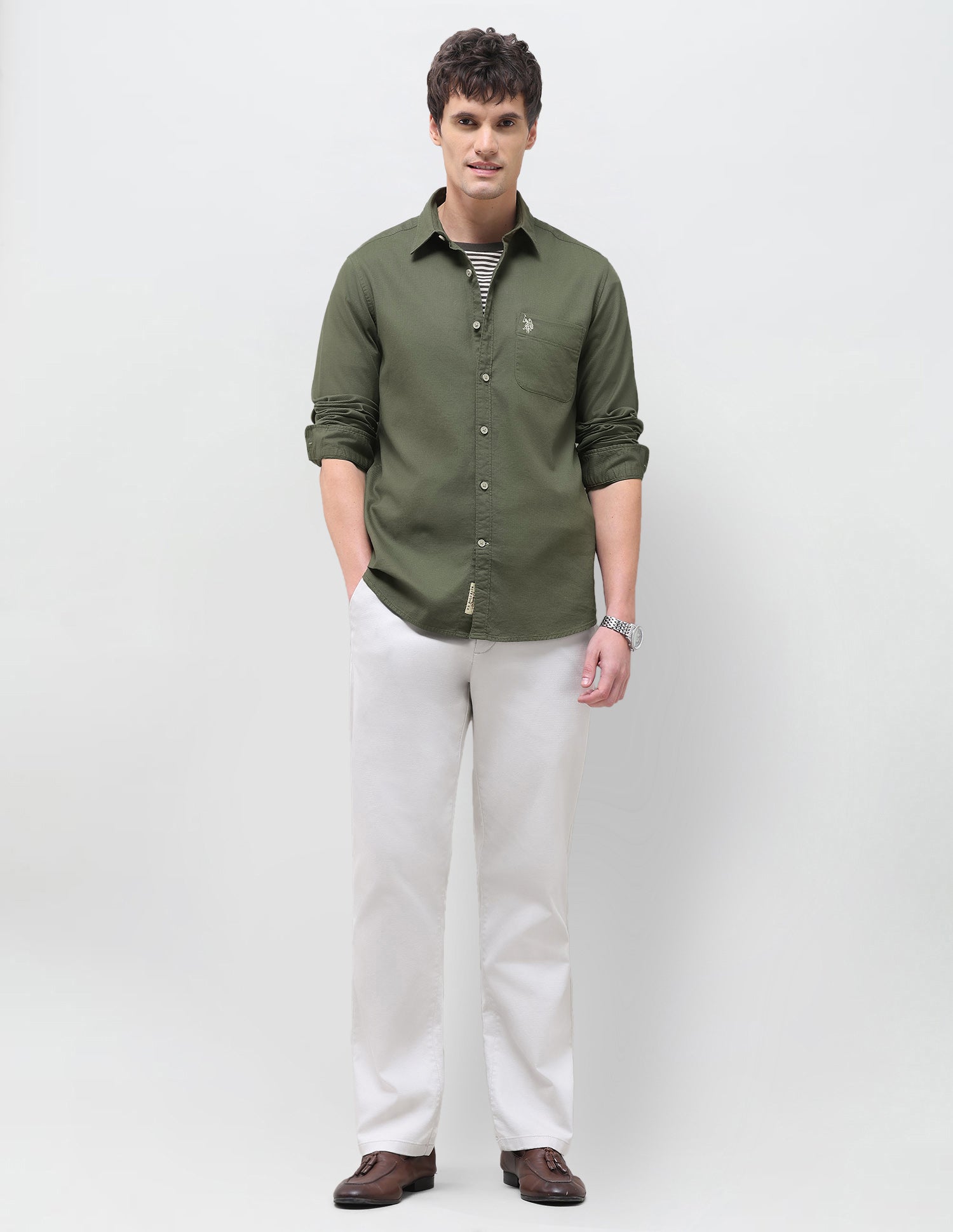 Textured Regular Fit Shirt Olive - U.S. Polo Assn. India | Large