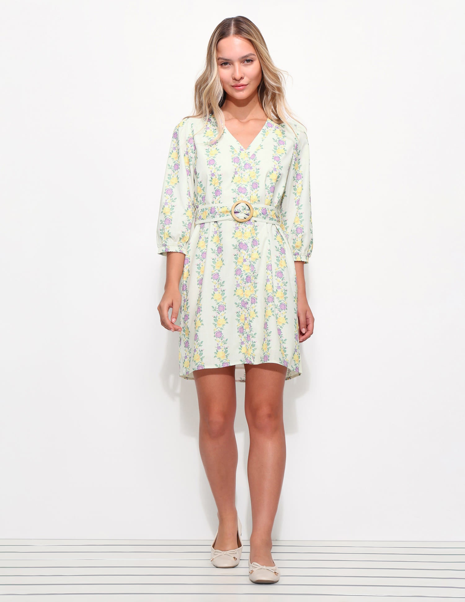 Floral Printed A-Line Dress With Belt White - U.S. Polo Assn. India | Large