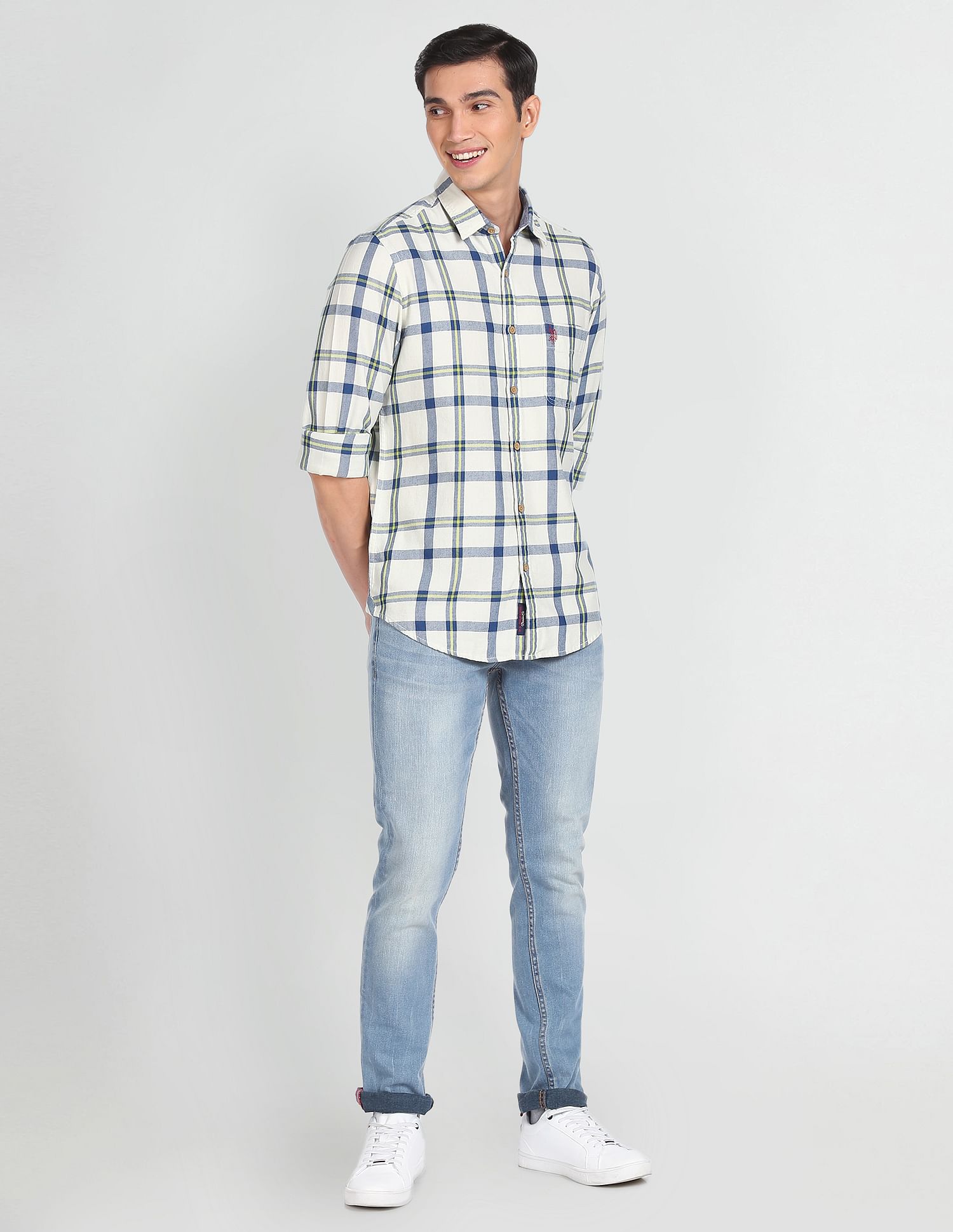 Pure Cotton Check Casual Shirt White and Blue - U.S. Polo Assn. India | Large