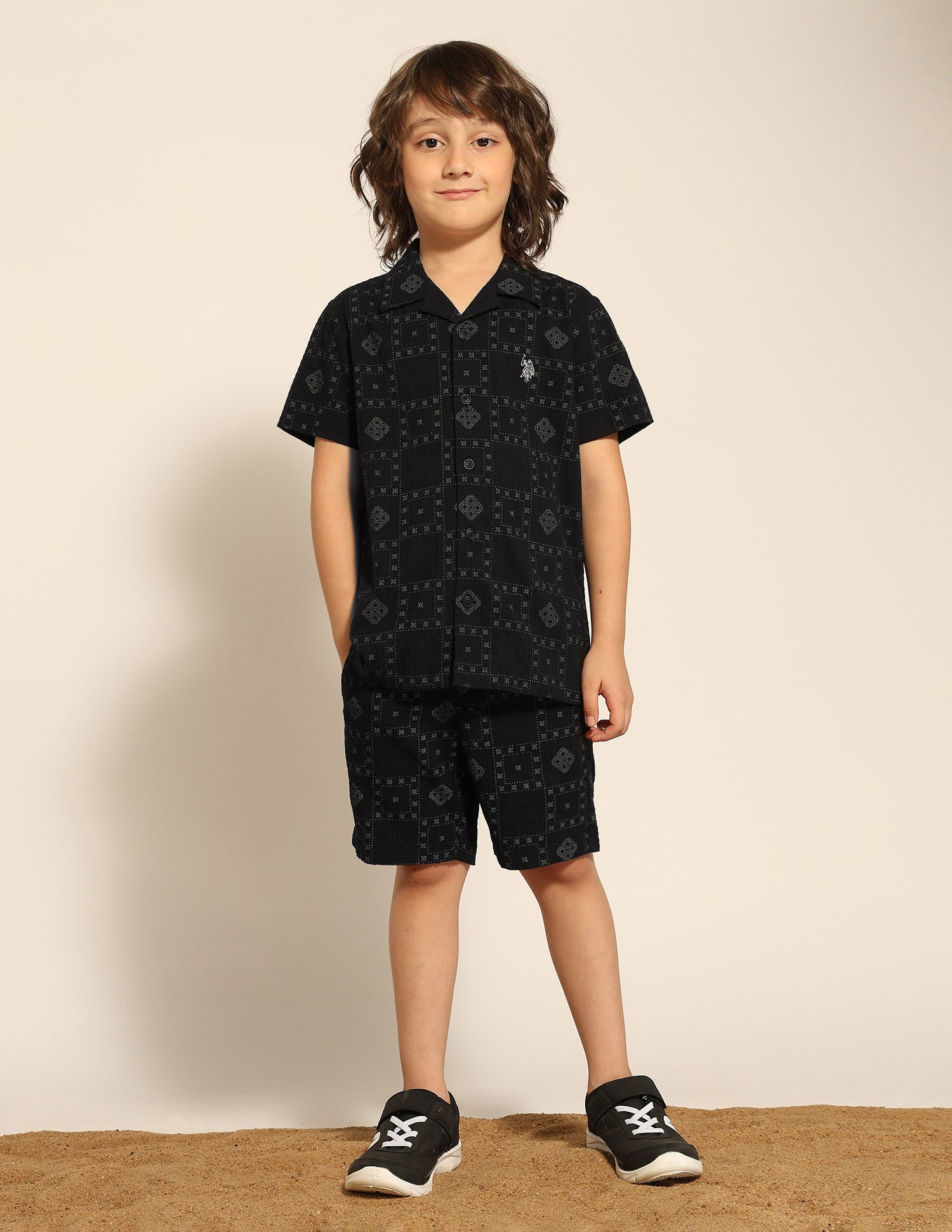 Boys Geometric Printed Cuban Shirt Black - U.S. POLO ASSN. | Large