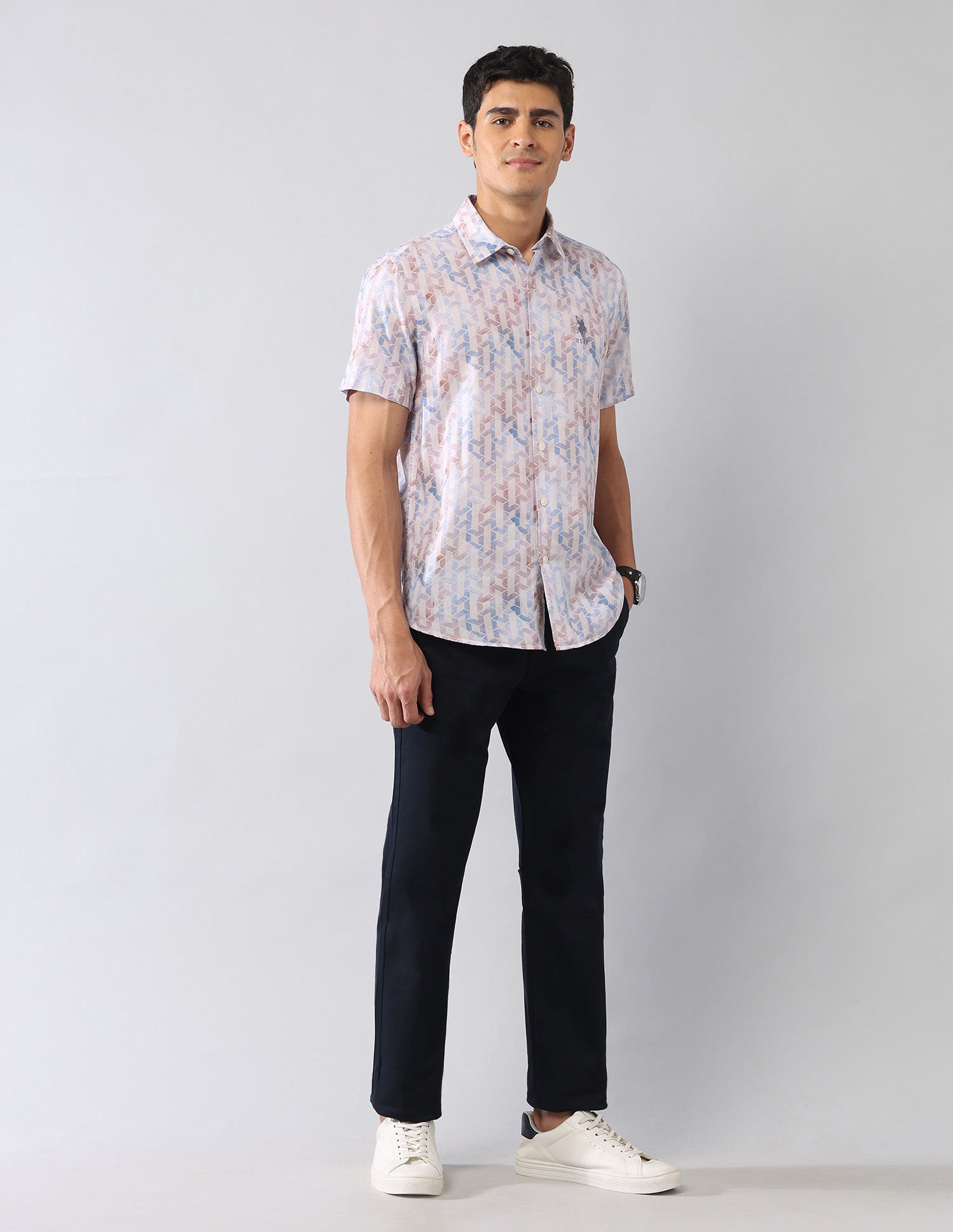 Geometric Printed Satin Regular Fit Shirt Blue - U.S. Polo Assn. India | Large