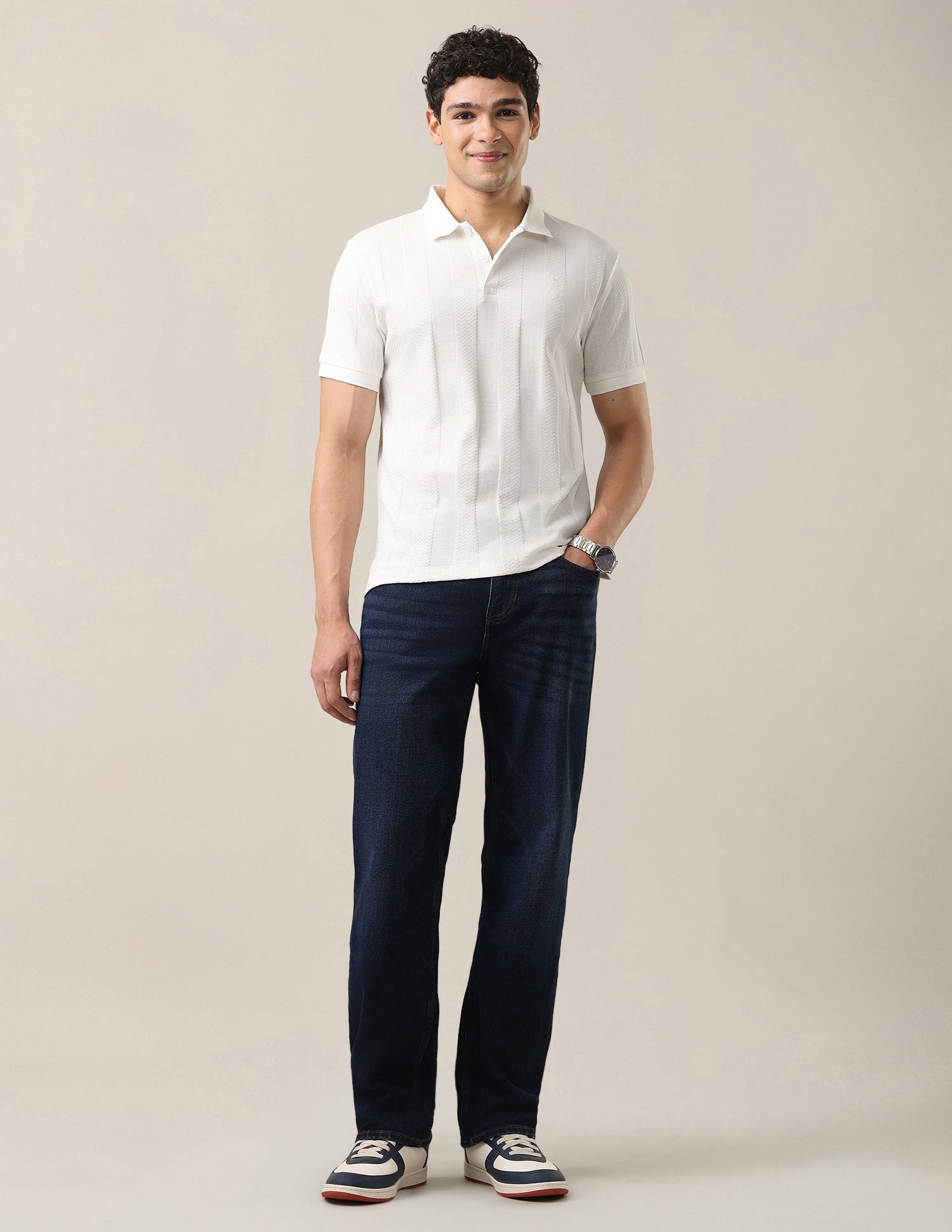 Self Design Vertical Striped Slim Fit Polo Shirt Ivory - U.S. Polo Assn. India | Large
