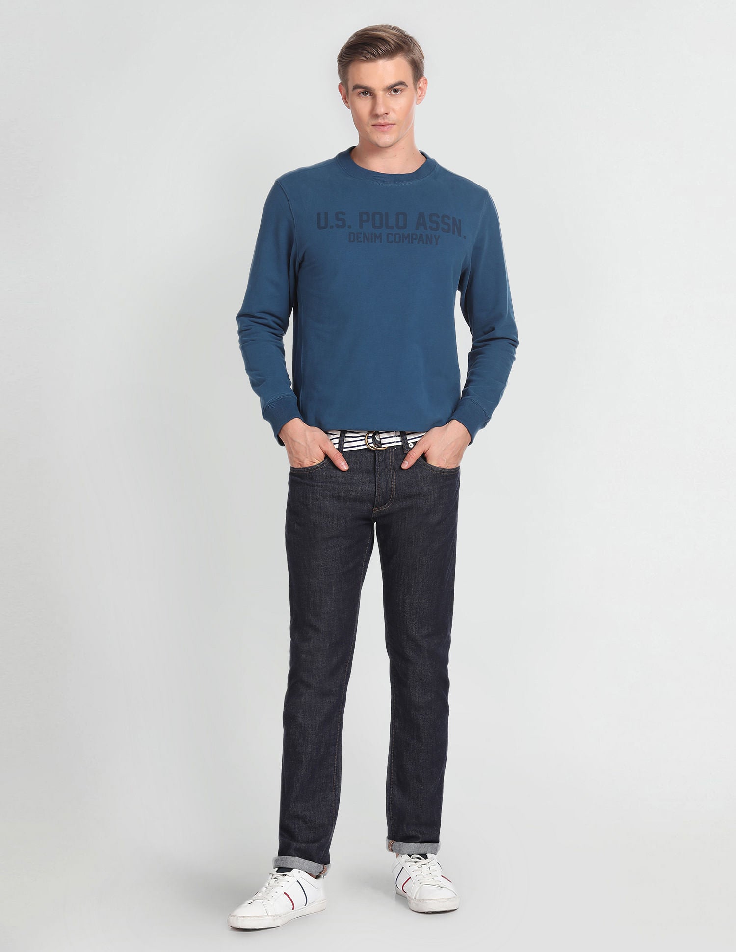 Brand Print Crew Neck Sweatshirt Teal - U.S. Polo Assn. India | Large