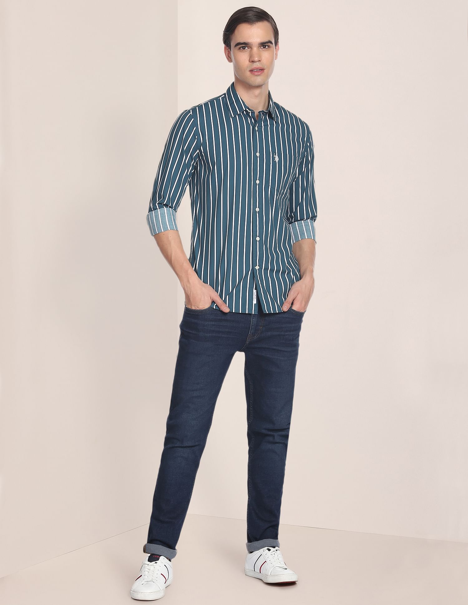 Spread Collar Striped Casual Shirt Teal - U.S. POLO ASSN. | Large