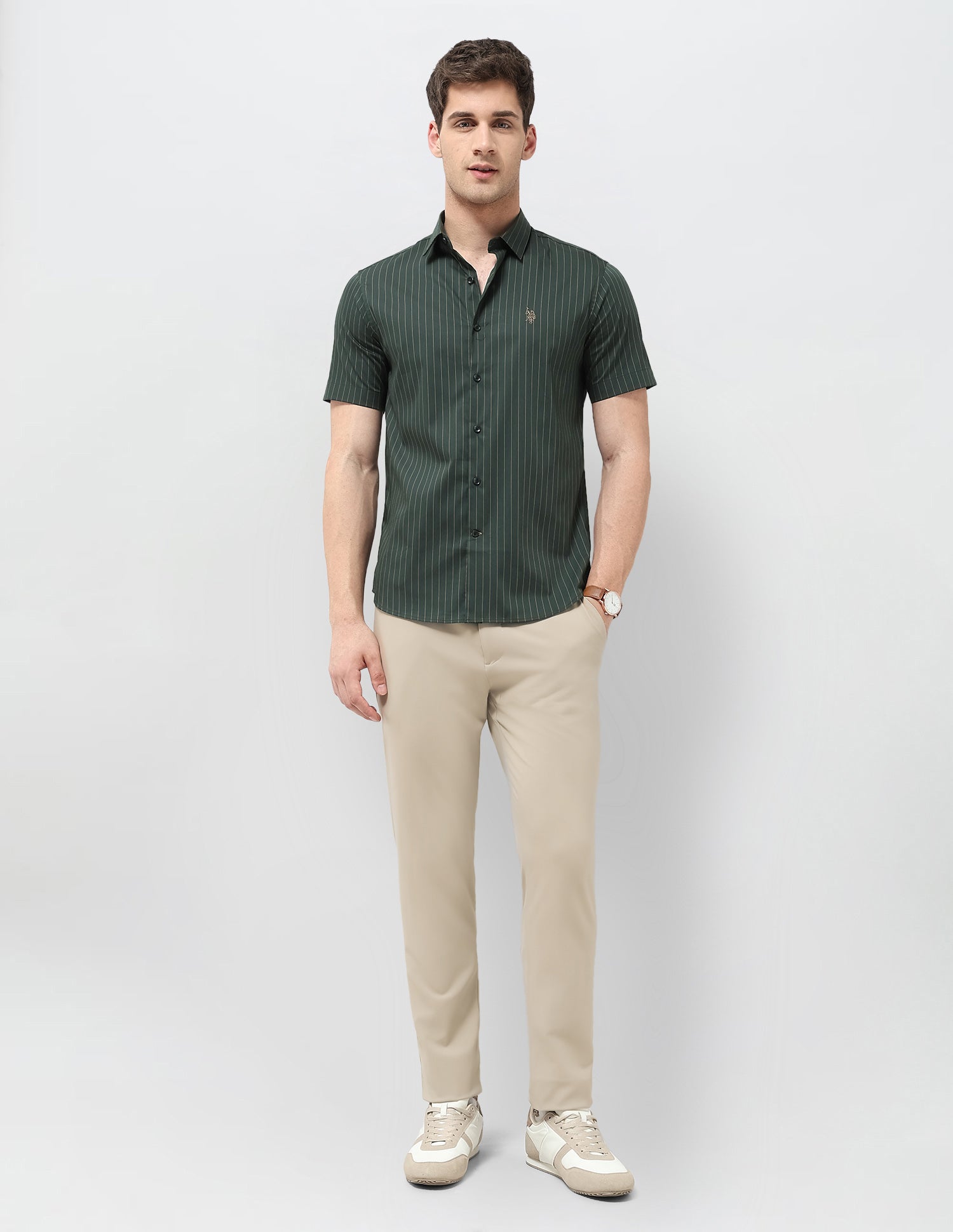 Vertical Striped Equestrian Aisle Shirt Olive - U.S. Polo Assn. India | Large