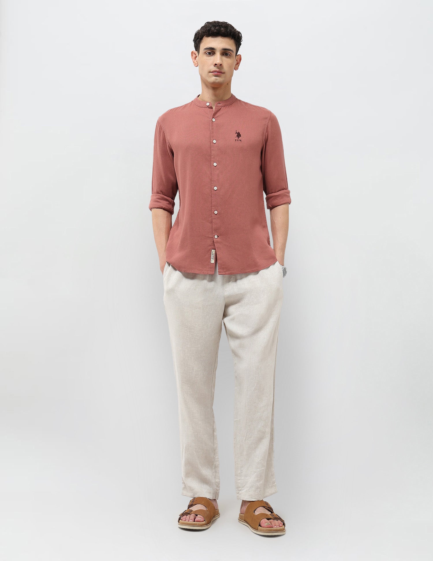 Mandarin Solid Regular Fit Shirt Rust - U.S. Polo Assn. India | Large