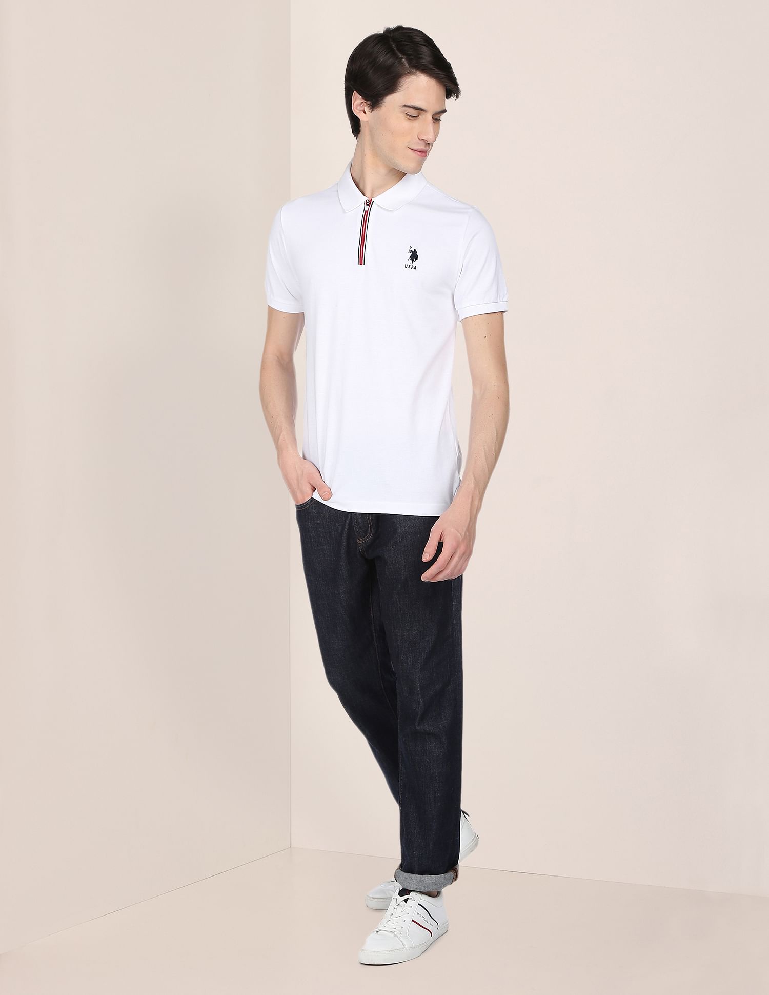 Zipper Cotton Polo Shirt White - U.S. Polo Assn. India | Large