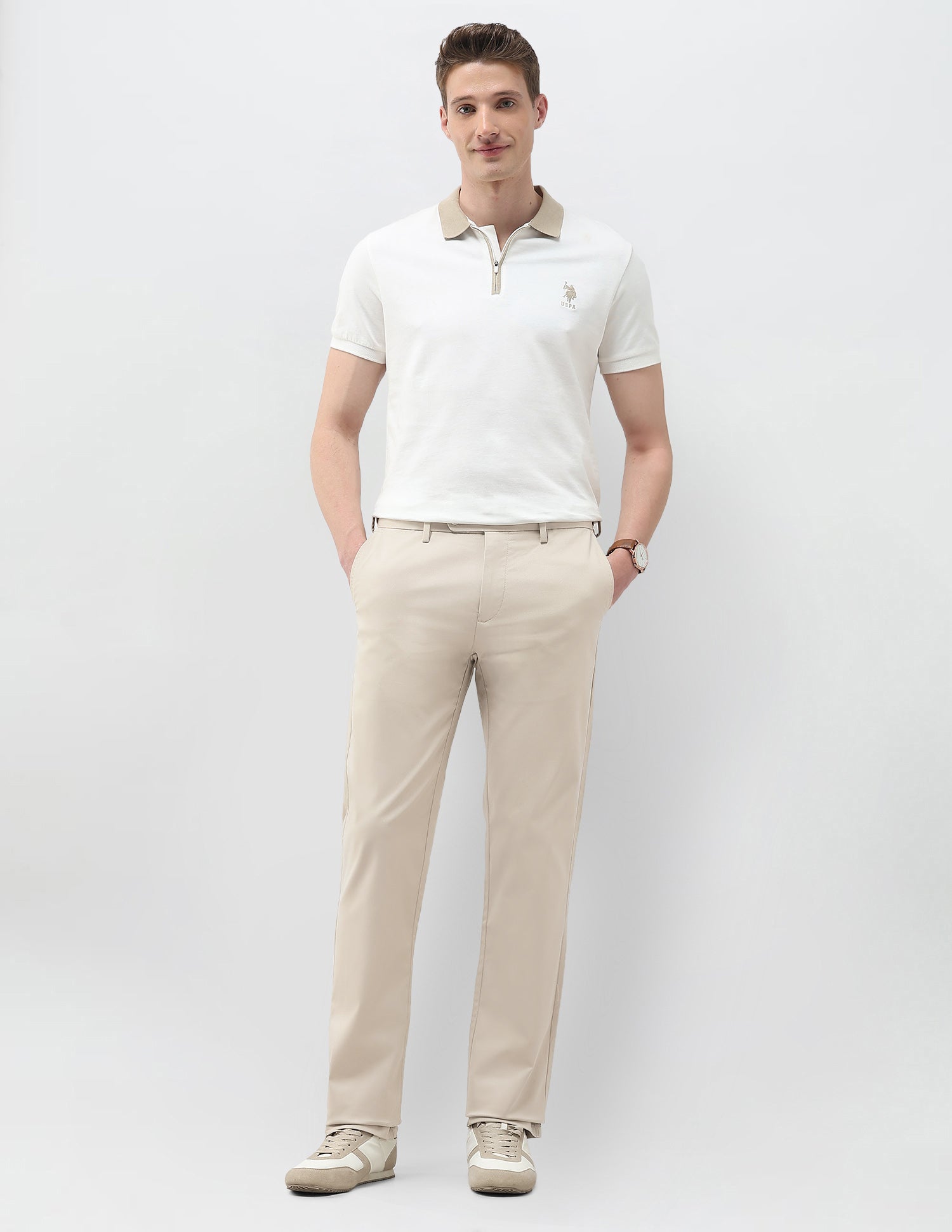 Riley Straight Fit Twill Trousers Beige - U.S. Polo Assn. India | Large