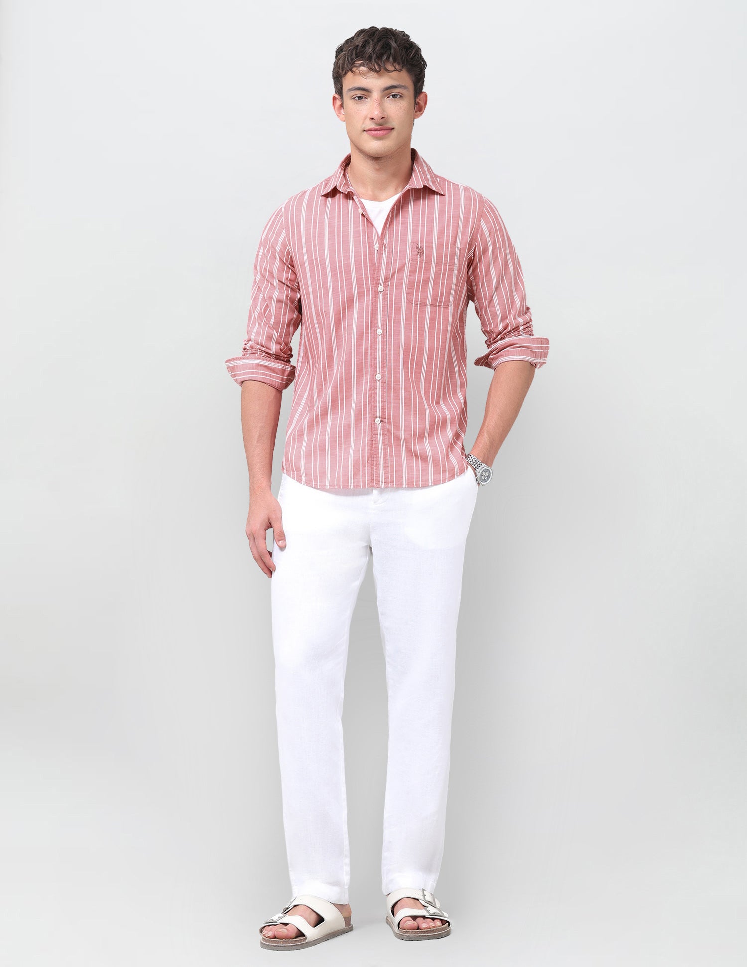 Vertical Striped Regular Fit Shirt Coral - U.S. Polo Assn. India | Large