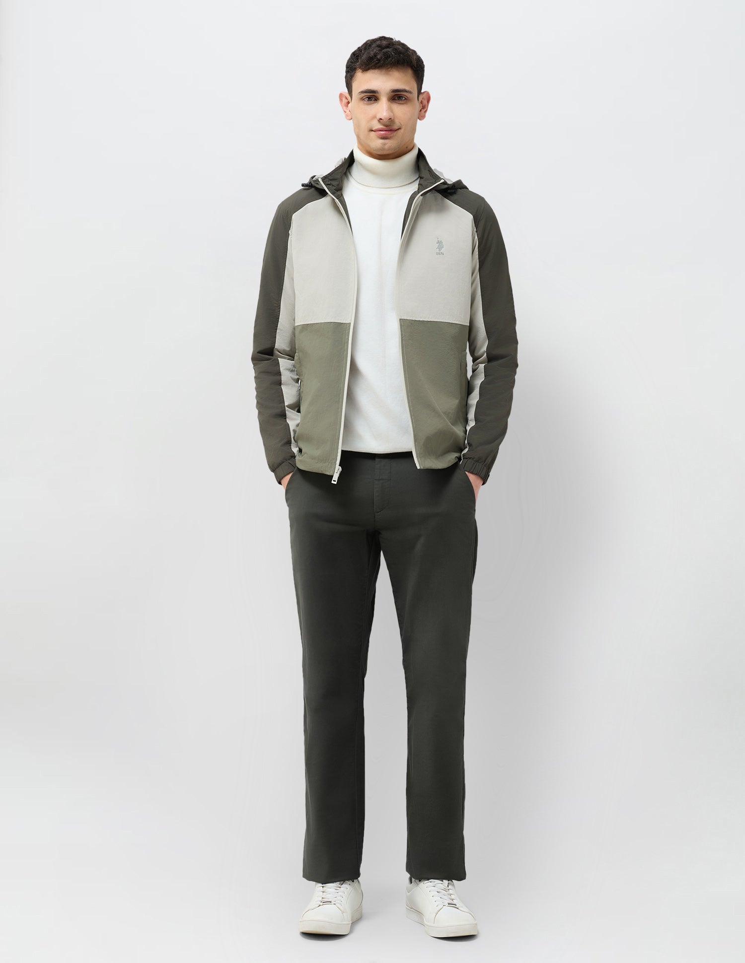 Colour Blocked Detachable Hood Jacket Ecru - U.S. POLO ASSN. | Large