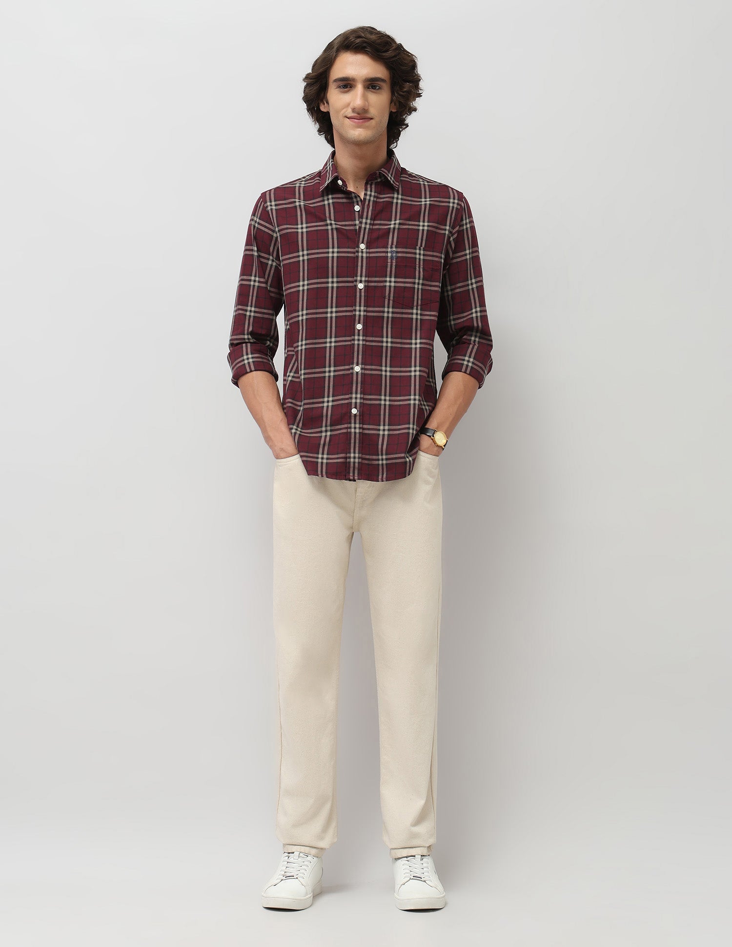 Grid Tattersall Checked Tailored Fit Shirt Burgundy - U.S. POLO ASSN. | Large