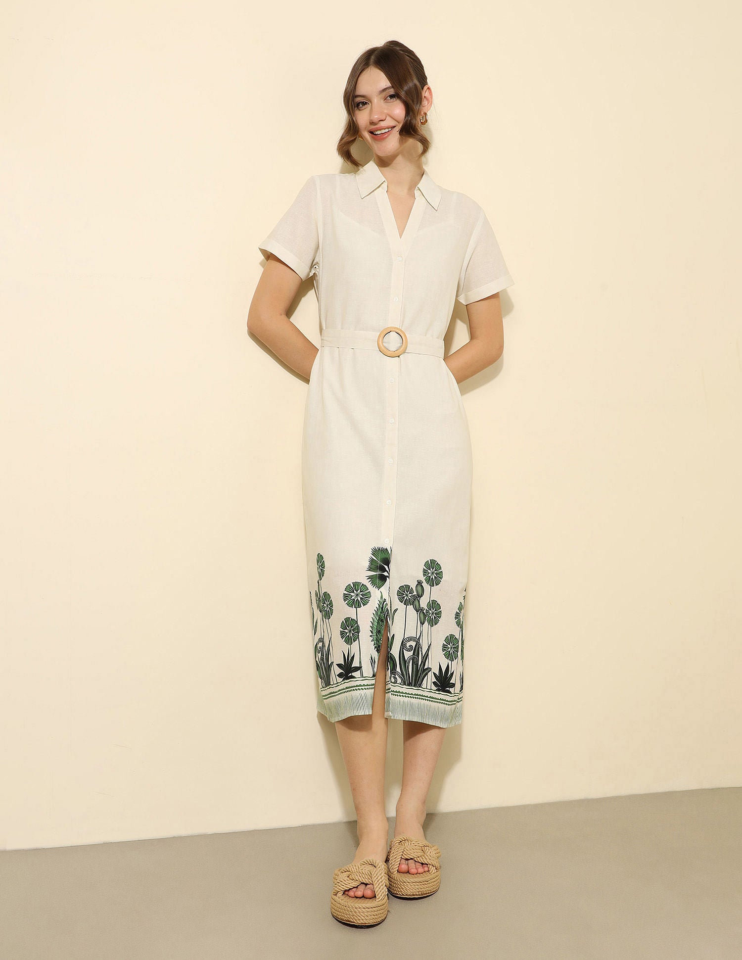 Floral Printed Midi Shirt Dress Ecru - U.S. Polo Assn. India | Large